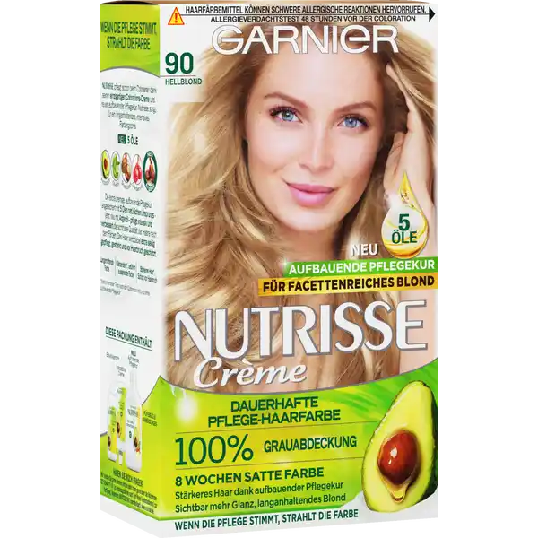 Garnier Nutrisse Creme 90 Hellblond: Цвет: Produktbeschreibung und details Garnier Nutrisse Creme verleiht dem Haar seidig strahlenden Glanz Sogar graue Haare werden zu   abgedeckt Das Ergebnis ist eine Haarfarbe mit einem harmonischen Farbverlauf das  Wochen lang farbintensiv strahltBesonders angenehm ist die einfache Anwendung der Coloration Dank der CremeTextur tropft sie nicht und lsst sich gleichmig ins Haar einarbeiten Dabei versorgt sie das Haar intensiv mit Pflege denn die Formel ist mit  Fruchtlen angereichert Olive SheaNuss Avocado Argan und Cranberry nhren das Haar in der Tiefe Mit dem fruchtigen Duft wird das Colorieren zu einem sinnlichen Erlebnis Kontaktdaten wwwgarnierde UrsprungslandHerkunftsort Belgien Anwendung und Gebrauch Kleidung mit einem alten Handtuch abdecken Einweghandschuhe anziehen und die Farbe in der beiliegenden Flasche entsprechend der Gebrauchsanweisung mischenDie fertige Mischung nun direkt auf das trockene Haar entlang des Scheitels auftragen und mit Fingern vom Ansatz aus verteilenDie Farbe einwirken lassen und anschlieend mit warmem Wasser aussplenDie Pflegekur einmassieren und nach  Minuten wieder aussplen Gebrauch Aufbewahrung und Verwendung Aufbewahrungs und Verwendungsbedingungen Khl und trocken lagern Inhaltsstoffe quot  ColorationsCreme  INGREDIENTS AQUA  WATER  CETEARYL ALCOHOL  PROPYLENE GLYCOL  DECETH  LAURETH  AMMONIUMHYDROXIDE  OLETH  LAURIC ACID  HEXADIMETHRINE CHLORIDE  GLYCOL DISTEARATE POLYQUATERNIUM  ETHANOLAMINE  SILICA DIMETHYL SILYLATE NANO  SILICA DIMETHYL SILYLATE CI   TITANIUM DIOXIDE  pAMINOPHENOL  mAMINOPHENOL  ASCORBIC ACID  TOCOPHEROL SODIUM METABISULFITE  THIOGLYCERIN  TOLUENEDIAMINE  HELIANTHUS ANNUUS SEED OIL SUNFLOWER SEED OIL  METHYLHYDROXYETHYLAMINOPHENOL  DIMETHICONE  CARBOMER RESORCINOL  ROSMARINUS OFFICINALIS ROSEMARY EXTRACT  EDTA  VITIS VINIFERA SEED OIL  GRAPESEED OIL  PARFUM  FRAGRANCE FIL Cquotquot  Entwicklermilch  INGREDIENTS AQUA  WATER  HYDROGEN PEROXIDE  CETEARYL ALCOHOL  TRIDECETH CARBOXAMIDE MEA CETEARETH  GLYCERIN  TETRASODIUM ETIDRONATE  TETRASODIUM PYROPHOSPHATE SODIUM SALICYLATE  PHOSPHORIC ACID  PARFUM  FRAGRANCE FIL Cquotquot E  PflegekurCreme  INGREDIENTS AQUA  WATER  CETEARYL ALCOHOL  DIMETHICONE  GLYCERIN  BEHENTRIMONIUM CHLORIDE OLEA EUROPAEA FRUIT OIL  OLIVE FRUIT OIL  ARGANIA SPINOSA KERNEL OIL  VACCINIUMMACROCARPON CRANBERRY SEED OIL  HELIANTHUS ANNUUS SEED OIL  SUNFLOWER SEED OIL ROSMARINUS OFFICINALIS LEAF EXTRACT  ROSEMARY LEAF EXTRACT  PERSEA GRATISSIMA OIL AVOCADO OIL  BUTYROSPERMUM PARKII BUTTER  SHEA BUTTER  AMODIMETHICONE  ISOPROPYLALCOHOL  CAPRYLYL GLYCOL  CITRIC ACID  LACTIC ACID  TOCOPHEROL  SODIUM BENZOATE CETRIMONIUM CHLORIDE  LINALOOL  BENZYL ALCOHOL  PARFUM  FRAGRANCE FIL Cquot Warnhinweise und wichtige Hinweise Warnhinweise Haarfrbemittel knnen allergische Reaktionen hervorrufen Temporre Ttowierungen mit schwarzem Henna knnen das Allergierisiko erhhen Frben Sie Ihr Haar nicht Wenn Sie einen Ausschlag im Gesicht haben oder wenn Ihre Kopfhaut empfindlich gereizt oder verletzt ist Wenn Sie schon einmal nach dem Frben Ihres Haares eine Reaktion festgestellt haben Wenn eine temporre Ttowierung mit schwarzem Henna bei Ihnen schon einmal eine Reaktion verursacht hat Das nichtbeachten einer vorliegenden Allergie kann lebensbedrohlich sein Es ist unbedingt erforderlich einen Allergieverdachtstest  Stunden vor jeder Anwendung des Produkts durchzufhren auch wenn Sie Haarfarben bereits frher verwendet haben
https://www.rossmann.de/de/pflege-und-duft-garnier-nutrisse-creme-90-hellblond/p/4002441020209