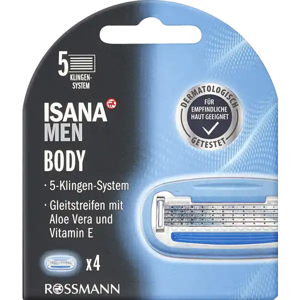 ISANA MEN Body Rasierklingen: Цвет: Produktbeschreibung und details ISANA MEN RASIERKLINGEN fr eine gepflegte Rasur Sanft przise und grndlich durch geprfte Klingentechnologie ISANA MEN  was braucht Mann mehr ISANA MEN BODYRASIERER  fr eine schonende und grndliche Krperrasur Der abgerundete Klingenkopf mit flexiblem Schwingkopf passt sich den Krperkonturen optimal an fr den Krper entwickelt Klingen fr besondere Grndlichkeit und Komfort doppelt beschichtete Klingen fr eine angenehme Rasur Gleitmantel mit Aloe Vera und Vitamin E erleichtert das Gleiten des Rasierers auf der Haut Klingen kompatibel mit dem ISANAMEN BODY RASIERER Kontaktdaten Dirk Rossmann GmbH Isernhgener Strae   Burgwedel wwwrossmannde Anwendung und Gebrauch Die Klingen ausschlielich unter flieenden Wasser reinigen  nicht abwischenKlingen kompatibel mit dem ISANAMEN BODY RASIERER Beim Klingenwechsel nicht auf die Klingen fassen Gebrauch Aufbewahrung und Verwendung Aufbewahrungs und Verwendungsbedingungen Nach Gebrauch nicht in der Schutzhlle aufbewahren Inhaltsstoffe PEGM PEGM Tocopherol Cyclodextrin Aloe Barbadensis Leaf Juice Powder Maltodextrin Theobroma Cacao Cocoa Seed Butter Butyrospermum Parkii Shea Butter Simmondsia Chinesis Jojoba Seed Oil Vitis Vinifera Grape Seed Oil
https://www.rossmann.de/de/pflege-und-duft-isana-men-body-rasierklingen/p/4305615614052