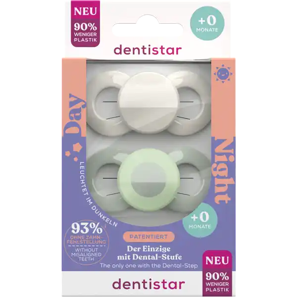 Dentistar Day amp Night Beruhigungssauger  Monate GrauGrner Kreis: Цвет: Produktbeschreibung und details Dentistar steht fr das gute Gefhl bestens versorgt zu sein Bei ihren Produkten legen sie groen Wert auf PremiumQualitt mit medizinischem Mehrwert Die DentalStufe im extra flachen Schaft schlngelt sich zwischen den Zhnen hindurch Der Druck auf Kiefer und Zhne wird um bis zu  reduziert Dies verhindert nachweislich Zahnfehlstellungen Wirksamkeit an der Universitt WittenHerdecke geprft und besttigt von fhrenden Kieferorthopden empfohlen leuchtet im dunkeln der einzige mit DentalStufe  Monate  ohne Zahnfehlstellung BPA frei   Silikon   Langzeitstudie der Universitt WittenHerdecke  n  im Vergleich zu herkmmlichen Schnullern  laut EU Verordnung  Sauger aus  Silikon Kontaktdaten Novatex GmbH WernervonSiemensStrae   Pattensen wwwdentistareu UrsprungslandHerkunftsort Deutschland Warnhinweise und wichtige Hinweise Warnhinweise Wichtige Hinweise auf dem Einlegezettel beachten
https://www.rossmann.de/de/baby-und-spielzeug-dentistar-day-und-night-beruhigungssauger-0-6-monate-graugruener-kreis/p/2009762028862