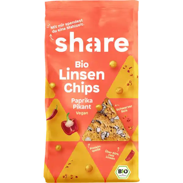 share Bio Linsenchips Paprika Pikant: Цвет: Produktbeschreibung und details Proteinquelle mit schwarzem Reis und ber  roter Linsen Ballaststoffquelle ohne Konservierungsstoffe vegan Lebensmittelunternehmer Name share GmbH Adresse Erkelenzdam   Berlin wwwshareeu Bio Zertifikat ITBIO UrsprungslandHerkunftsort EUNichtEU Landwirtschaft Testurteile Qualittssiegel ampamp Verbandszeichen Rechtlich vorgeschriebene Produktbezeichnung BioLinsenchips mit schwarzem Reis und pikanter Paprikawrzung Zutaten  rotes Linsenmehl  schwarzer Reis Sonnenblumenl Maisstrke Meersalz  pikante Paprikagewrzmischung ses Paprikapulver Chilipulver aus kontrolliert biologischem AnbauKann Spuren von Soja enthalten Nhrwerte Durchschnittliche Nhrwertangaben pro  g Energie  kj   kcal Fett  g davon  gesttigte Fettsuren  g Kohlenhydrate  g davon  Zucker  g Ballaststoffe  g Eiwei  g Salz  g
https://www.rossmann.de/de/lebensmittel-share-bio-linsenchips-paprika-pikant/p/4260739996906