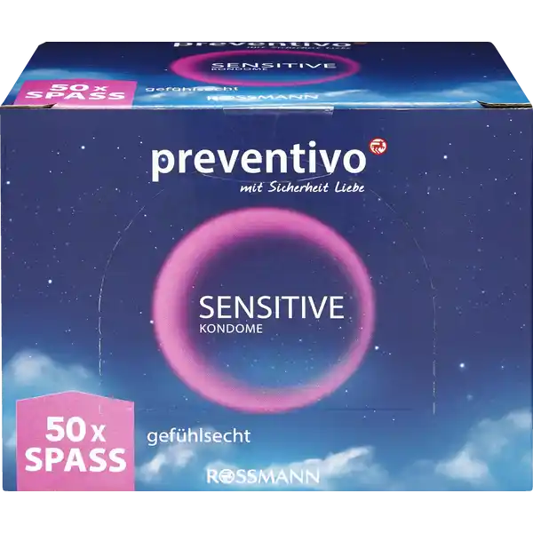 preventivo Sensitive Kondome Box: Цвет: Produktbeschreibung und details  gefhlsechte Kondome aus NaturkautschukLatex mit Feuchtfilm und Reservoir transparent glatt zylindrisch leichtes Abrollen dermatologisch getestet nominale Breit  mm Lng  mm einzeln elektronisch geprft vegan ISO  Kontaktdaten Dirk Rossmann GmbH Isernhgener Strae   Burgwedel wwwrossmannde     Testurteile Qualittssiegel ampamp Verbandszeichen Anwendung und Gebrauch Hinweise auf dem Beipackzettel beachten Gebrauch Aufbewahrung und Verwendung Aufbewahrungs und Verwendungsbedingungen Khl und trocken lagern vor direkter Sonneneinstrahlung schtzen Inhaltsstoffe NaturkautschukLatex Warnhinweise und wichtige Hinweise Warnhinweise preventivo sensitive Kondome sind Medizinprodukte zur Empfngnisverhtung und zum lokalen Schutz vor sexueller bertragung von Infektionen Bitte lesen Sie fr die sichere Anwendung die Gebrauchsanweisung Keine Verhtungsmethode kann einen igen Schutz vor Schwangerschaft HIV oder Infektionserkrankungen garantieren Kondome bieten nur bei vaginalem Geschlechtsverkehr besten Schutz Nie mit l oder fetthaltigen Gleitmitteln verwenden Jedes Kondom nur einmal verwenden
https://www.rossmann.de/de/gesundheit-preventivo-sensitive-kondome-box/p/4305615918624