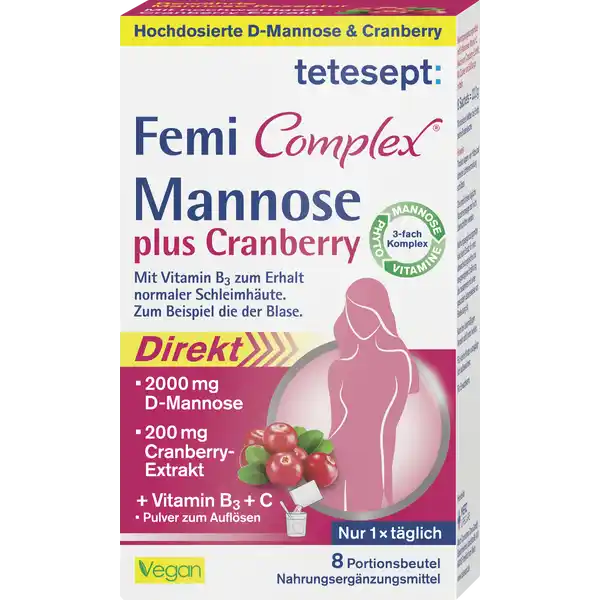 tetesept Femi Complex Mannose plus Cranberry: Цвет: https://www.rossmann.de/de/gesundheit-tetesept-femi-complex-mannose-plus-cranberry/p/4008491107112
Produktbeschreibung und details DMannose ist ein in der Natur vorkommender Einfachzucker der sich seit einiger Zeit groer Beliebtheit bei Frauen aller Altersklassen erfreut In geringen Mengen kann er auch vom eigenen Krper gebildet werden Wenn es darauf ankommt kann eine zustzliche Zufuhr jedoch Sinn machen Die Cranberry auch Grofrchtige Moosbeere genannt wird als Nahrungsmittel sehr geschtzt Die Beere ist von Natur aus reich an Vitamin C und bestimmten sekundren Pflanzenstoffen den so genannten Proanthocyanidinen PAC tetesept Femi Complex Mannose plus Cranberry enthlt hochdosierte DMannose kombiniert mit wertvollem CranberryExtrakt und sinnvoll ergnzt durch Vitamine enthlt hochdosierte DMannose kombiniert mit wertvollem CranberryExtrakt bewhrte Mannose Rezeptur mit Vitamin B zum Erhalt normaler Schleimhute Zum Beispiel die der Blase nur  x tglich laktose und glutenfrei vegan Lebensmittelunternehmer Name Merz Consumer Care GmbH Adresse Eckenheimer Landstrae   Frankfurt am Main wwwteteseptde Rechtlich vorgeschriebene Produktbezeichnung Nahrungsergnzungsmittel mit DMannose Vitamin C Niacin und Cranberry Extrakt Mit Sungsmittel Zutaten DMannose   Suerungsmittel Zitronensure Cranberry Extrakt  LAscorbinsure Vitamin C Trennmittel Magnesiumcarbonat Dextrose Rote Bete Saft Pulver Maltodextrin Sungsmittel Sucralose Nicotinamid Niacin Trennmittel Siliciumdioxid Natrliches Aroma Nhrwerte Durchschnittliche Nhrwertangaben pro  Portion Tagesdosis Tagesdosis Referenzwert Referenzmenge fr die tgliche Zufuhr von Vitaminen und Mineralstoffen NRV Vitamin C  mg   Niacin  mg   Anwendung und Gebrauch x tglich den Inhalt eines Portionsbeutels in ein Glas fllen und mit Wasser  ml anrhren Trinken Sie die Mischung sofort nach dem Anrhren aus Gebrauch Aufbewahrung und Verwendung Aufbewahrungs und Verwendungsbedingungen Trocken lagern vor Hitze und direkter Lichteinstrahlung schtzen Fr kleine Kinder unzugnglich aufbewahren Warnhinweise und wichtige Hinweise Warnhinweise Die empfohlene tgliche Verzehrsmenge darf nicht berschritten werden Fr Erwachsene Nahrungsergnzungsmittel sind kein Ersatz fr eine abwechslungsreiche und ausgewogene Ernhrung Kann bei bermigem Verzehr abfhrend wirken