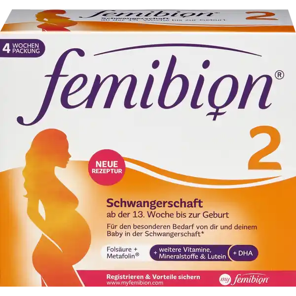 femibion 2 Schwangerschaft: Цвет: https://www.rossmann.de/de/gesundheit-femibion-2-schwangerschaft/p/4054839695889
Produktbeschreibung und details fr den besonderen Bedarf von dir und deinem Baby in der Schwangerschaft ab der  Schwangerschaftswoche Folsure  Metafolin  weitere Vitamine Mineralstoffe ampamp Lutein  DHA Laktose und glutenfrei ohne Rinder und Schweingelantine  Wochen Packung Lebensmittelunternehmer Name PampampG Health Germany GmbH Adresse Sulzbacher Strasse  DE Schwalbach am Taunus wwwfemibioncom Rechtlich vorgeschriebene Produktbezeichnung Nahrungsergnzungsmittel mit Folat Folsure ampamp Metafolin Luftein DHA Magnesium Jod und weiteren Vitaminen ampamp Mineralstoffen Zutaten Zutaten Tablette Fllstoff Mikrokristalline Cellulose Magnesiumoxid CalciumLascorbat Vitamin C Eisenbisglycinat berzugsmittel Hydroxypropylmethylcellulose Farbstoff Calciumcarbonat Maltodextrin Nicotinamid Niacin Fllstoff vernetzte Carcoxymethylcellulose Surungsmittel Citronensure berzugsmittel Polyvinylalkohol Polyethyenglycol Hydroxypropylcellulose Talkum Zinoxid DLalphaTocopherylacetat Vitamin E CalciumDpantothenat Pantothensure Trennmittel Magnesiumsalze der Speisefettsuren Speisefettsuren Calciumphosphate Zucker modifizierte Strke Pyridoxinhydrochlorid Vitamin B Thiaminmonoitrat Vitamin B Strke Riboflavin Vitamin B CalciumLmethylfolat Metafolin Pteroylmonoglutaminsure Folsure Kaliumiodid Natriumselenat DBiotin Cholecalciferol Vitamin D Cyanocobalamin Vitamin B Zutaten Kapsel DHAhaltiges FISCHlKonzentrat FISCHgelantine Festigungsmittel Glycerin Distell Verdickungsmittel Mono und Diglyceride von Speisefettsuren DLalphaTocopherylacetat Vitamin E Lutein Antioxidationsmittel stark tocopherolhaltige Extrakte Emulgator Lecithine Nhrwerte Durchschnittliche Nhrwertangaben pro  Portion pro  Portion pro Tablette pro Kapsel NRV NRV Magnesium  mg   Eisen  mg   Zink  mg   Selen  g   Jod  g   Vitamin D  g   Vitamin E  mg    mg   Vitamin C  mg   Vitamin B Thiamin  mg   Vitamin B Riboflavin  mg   Niacin  mg   Vitamin B  mg   Folsure  g Vitamin B  g   Biotin  g   Pantothensure  mg   Anwendung und Gebrauch  Tablette ampamp  Kapsel pro Tag mit ausreichend kalter Flssigkeit zu einer der Mahlzeiten einnehmen Gebrauch Aufbewahrung und Verwendung Aufbewahrungs und Verwendungsbedingungen Trocken und nicht ber C lagern Vor Licht schtzen Warnhinweise und wichtige Hinweise Warnhinweise Empfohlene tgliche Verzehrmenge nicht berschreiten Nahrungsergnzungsmittel sind kein Ersatz fr eine ausgewogene abwechslungsreiche Ernhrung und gesunde Lebensweise Auerhalb der Reichweite von kleinen Kindern aufbewahren