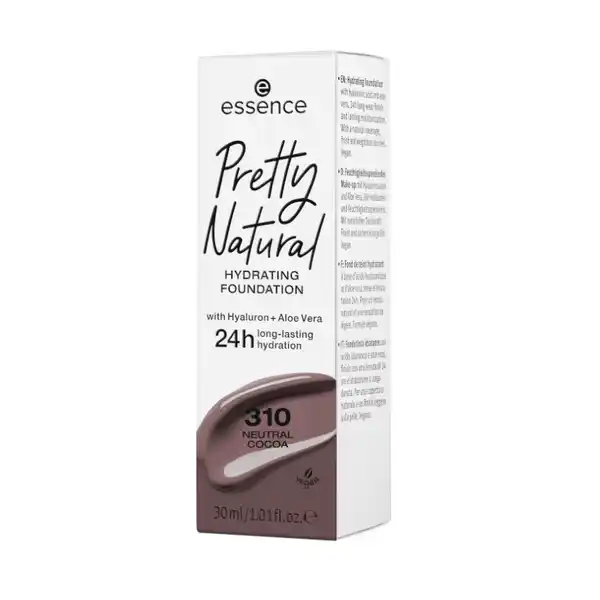 essence Pretty Natural hydrating foundation 310 Neutral Cocoa: Цвет: Produktbeschreibung und details Von Beauty Addicts fr Beauty Addicts Diese Foundation ist der Geheimtipp fr einen ebenmigen natrlichen und gepflegten Teint  denn sie wurde gemeinsam mit essence Konsumentinnen entwickelt und ganz auf ihre Wnsche zugeschnitten Die federleichte langanhaltende Formel mit Hyaluronsure und Aloe Vera spendet ganze  Stunden Feuchtigkeit und kreiert ebenso lange ein wunderschnes natrlich mattes Finish  fr Perfektion all day long Dabei lsst sie dank ihrer mittleren Deckkraft Rtungen verschwinden sorgt fr einen ebenmigen Hautton und verschmilzt angenehm zart mit der Haut Erhltlich ist sie in  Shades  davon ziehen  bis  in die Beautyshelves ein die gesamte Range gibt es im Onlineshop Kontaktdaten cosnova GmbH Am Limespark  D Sulzbach am Taunus UrsprungslandHerkunftsort Italien Inhaltsstoffe AQUA WATER CYCLOPENTASILOXANE TALC TRIMETHYLSILOXYSILICATE PEG DIMETHICONE GLYCERIN CETYL PEGPPG DIMETHICONE ALOE BARBADENSIS LEAF JUICE TROPOLONE SODIUM HYALURONATE SODIUM CHLORIDE DISTEARDIMONIUM HECTORITE HYDROGEN DIMETHICONE SODIUM PHYTATE PROPYLENE CARBONATE ALUMINUM HYDROXIDE PHENOXYETHANOL SODIUM DEHYDROACETATE PARFUM FRAGRANCE CI  CI  CI  IRON OXIDES CI  TITANIUM DIOXIDE
https://www.rossmann.de/de/make-up-essence-pretty-natural-hydrating-foundation-310-neutral-cocoa/p/4059729287649