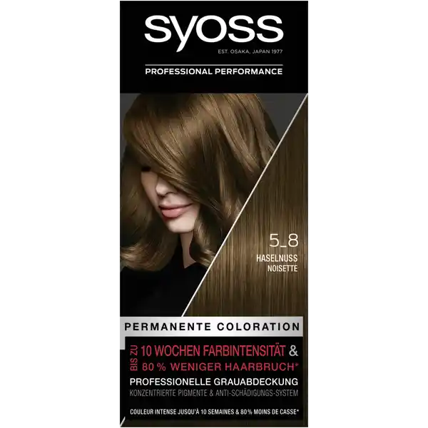 Syoss Professional Performance Permanente Coloration 5_8 Haselnuss: Цвет: Produktbeschreibung und details Braun ist pure Eleganz Seidig glnzend kraftvoll  Brauntne von Syoss betonen die Vitalitt des Haares Hier sind es feine BraunNuancen die den besonderen Glow verstrken wie SchokoBraun EspressoBraun oder Sweet Brunette Haselnuss  ist ein sattes Braun voll glnzender Haselnusstne fr eine strahlende Haarfarbe permanente Coloration mit SALONPLEX bis zu  Wochen Farbintensitt bis zu  weniger Haarbruch konzentrierte Pigmente und AntiSchdigungsSystem Kontaktdaten Schwarzkopf ampamp Henkel GmbH D Dsseldorf wwwsyossde     Anwendung und Gebrauch Bitte Gebrauchsanweisung beachten Gebrauch Aufbewahrung und Verwendung Aufbewahrungs und Verwendungsbedingungen Darf nicht in die Hnde von Kindern gelangen Inhaltsstoffe ColorCreme Aqua Water Eau Cetearyl Alcohol Ammonium Hydroxide Glyceryl Stearate SE Ceteareth Octyldodecanol Sodium Laureth Sulfate TolueneDiamine Sulfate Ethanolamine Sodium Cetearyl Sulfate Parfum Fragrance Sodium Sulfite Oleic Acid Glycerin Resorcinol Methylresorcinol Etidronic Acid Carbomer Potassium Hydroxide Ascorbic Acid Serine Linalool Citronellol mAminophenol Linoleamidopropyl PGDimonium Chloride Phosphate AminoHydroxypyridine Propylene Glycol Sodium Sulfate Benzoic Acid Entwicklerlotion Aqua Water Eau Hydrogen Peroxide Cetearyl Alcohol PEG Castor Oil Etidronic Acid Sodium Cetearyl Sulfate Dicarboxypyridine Disodium Pyrophosphate Potassium Hydroxide Sodium Benzoate Pflegesplung Aqua Water Eau Cetearyl Alcohol Behentrimonium Chloride Dimethicone AmodimethiconeMorpholinomethyl Silsesquioxane Copolymer Magnesium Citrate Magnesium Chloride Hydrolyzed Keratin Polyquaternium Steardimonium Hydroxypropyl Hydrolyzed Keratin Panthenol Isopropyl Myristate Glyceryl Stearate Citric Acid Phenoxyethanol Stearamidopropyl Dimethylamine Isopropyl Alcohol Sodium Methylparaben Parfum Fragrance Dicaprylyl Carbonate Laureth Laureth Sodium Hydroxide Linalool Hexyl Cinnamal Sodium Chloride Salicylic Acid Trideceth Lauryl Glucoside Sodium Sulfate Warnhinweise und wichtige Hinweise Warnhinweise Das Produkt kann schwere allergische Reaktionen hervorrufen Bitte folgende Hinweise lesen und beachten Hellen Sie Ihr Haar nicht auf wenn  Sie einen Ausschlag im Gesicht haben oder wenn Ihre Kopfhaut empfindlich gereizt oder verletzt ist  Sie schon einmal nach dem Aufhellen Ihrer Haare eine Reaktion festgestellt haben Nach Anwendung die Haare gut splen Vollstndige Inhaltsstoffdeklaration siehe Packungsboden Enthlt Wasserstoffperoxid und Ammoniak Kontakt mit den Augen vermeiden Sofort Augen splen falls das Erzeugnis mit den Augen in Berhrung gekommen ist Geeignete Handschuhe tragen Fhren Sie einen Allergieverdachtstest  Stunden vor jeder Aufhellung durch siehe Gebrauchsanweisung auch wenn Sie schon frher Aufheller angewendet haben Daher denken Sie bitte daran das Produkt  Stunden vor der Anwendung zu kaufen Falls hierbei eine Hautunvertrglichkeit auftritt oder Zweifel bestehen fragen Sie bitte einen Hautarzt bevor Sie einen Aufheller anwenden Nur uerlich anwenden Nicht zur Frbung von Wimpern und Augenbrauen verwenden
https://www.rossmann.de/de/pflege-und-duft-syoss-professional-performance-permanente-coloration-5_8-haselnuss/p/4015100324402