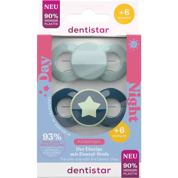 Dentistar Day & Night Beruhigungssauger 6-14 Monate Himmelblau/Blauer Stern: Цвет: Produktbeschreibung und details Dentistar steht fr das gute Gefhl bestens versorgt zu sein Bei ihren Produkten legen sie groen Wert auf PremiumQualitt mit medizinischem Mehrwert Die DentalStufe im extra flachen Schaft schlngelt sich zwischen den Zhnen hindurch Der Druck auf Kiefer und Zhne wird um bis zu  reduziert Dies verhindert nachweislich Zahnfehlstellungen Wirksamkeit an der Universitt WittenHerdecke geprft und besttigt von fhrenden Kieferorthopden empfohlen leuchtet im dunkeln der einzige mit DentalStufe  Monate  ohne Zahnfehlstellung BPA frei   Silikon   Langzeitstudie der Universitt WittenHerdecke  n  im Vergleich zu herkmmlichen Schnullern  laut EU Verordnung  Sauger aus  Silikon Kontaktdaten Novatex GmbH WernervonSiemensStrae   Pattensen wwwdentistareu UrsprungslandHerkunftsort Deutschland Warnhinweise und wichtige Hinweise Warnhinweise Wichtige Hinweise auf dem Einlegezettel beachten
https://www.rossmann.de/de/baby-und-spielzeug-dentistar-day-und-night-beruhigungssauger-6-14-monate-himmelblaublauer-stern/p/2009762028879