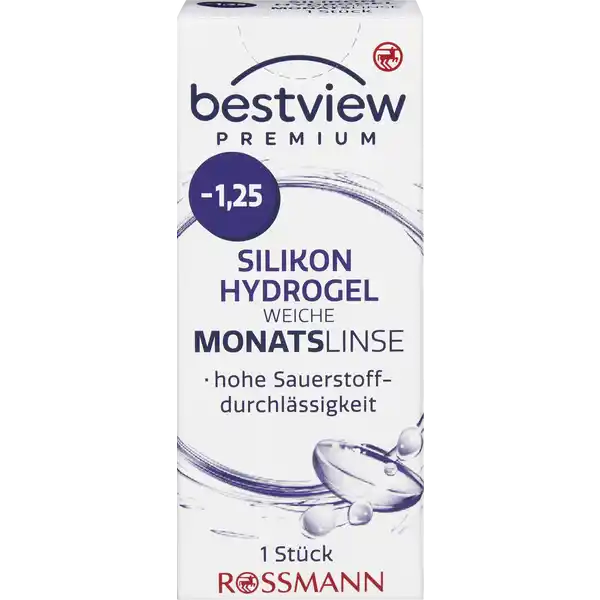 BestView Premium weiche Monatslinse Silikon Hydrogel -1,25: Цвет: https://www.rossmann.de/de/gesundheit-bestview-premium-weiche-monatslinse-silikon-hydrogel--125/p/9555650138500
Produktbeschreibung und details Die weiche bestview Premium Monatslinse wurde klinisch getestet und ist von sehr hoher Qualitt Durch das besonders weiche und sauerstoffdurchlssige Material der Premium Monatslinse wird kaum Eigengewhnungszeit bentigt Die Linse wurde fr den tglichen Gebrauch entwickelt und dient zum monatlichen Austausch Die Kanten der Monatslinse wurden speziell fr einen hohen Tragekomfort entwickelt hohe Sauerstoffdurchlssigkeit  Stck Kontaktdaten Dirk Rossmann GmbH Isernhgener Strae   Burgwedel wwwrossmannde Inhaltsstoffe Enthlt eine weiche sterile Kontaktlinse mit  Wasser und  Olifilcon A in einer gepufferten Kochsalzlsung Warnhinweise und wichtige Hinweise Warnhinweise Nicht verwenden bei beschdigter Linsenverpackung Gehen Sie mit Ihren Linsen bitte regelmig zu einer augenrztlichen Kontrolle Folgen Sie den Anweisungen Ihres Kontaktlinsenanpassers Schlafen Sie nicht mit eingesetzter Linse Das Tragen von Kontaktlinsen kann eine Sonnenbrille nicht ersetzen Bitte beachten Sie die beiliegende Gebrauchsinformation