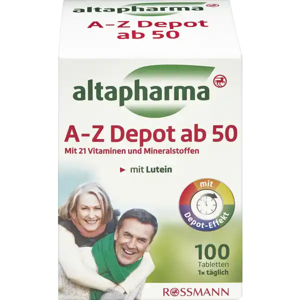 altapharma A-Z Depot ab 50: Цвет: https://www.rossmann.de/de/gesundheit-altapharma-a-z-depot-ab-50/p/4305615887050
Produktbeschreibung und details Gesundheit und Wohlbefinden sind in der zweiten Lebenshlfte besonders wertvoll Eine ausgewogene Versorgung mit Vitaminen Mineralstoffen und Spurenelementen ist hierfr eine wichtige Grundlage Bereits eine Tablette altapharma AZ ab  Depot versorgt Ihren Krper mit  Vitalstoffen Die Rezeptur ist auf die Bedrfnisse des Krpers ab  Jahren abgestimmt Calcium und Vitamin D sind wichtig fr den Erhalt normaler Knochen Vitamin A und Zink untersttzen den normalen Sehvorgang Selen Vitamin C und Vitamin E tragen dazu bei die Zellenbestandteile vor der Schdigung durch freie Radikale zu schtzen Kontaktdaten Dirk Rossmann Iserhgener Str   Burgwedel wwwrossmannde      UrsprungslandHerkunftsort Deutschland Testurteile Qualittssiegel ampamp Verbandszeichen Zutaten Dicalciumphosphat Magnesiumoxid Calciumcarbonat LAscorbinsure Fllstoff Hydroxyprophylmethylcellulose berzugsmittel Hydroxypropymethylcellulose DLaTocopherylacetat Nicotinamid CalciumDPantothenat Trennmittel Magnesiumsalze der Speisefettsuren Talkum Maltodextrin Zinkoxid Pyridoxinhydrochlorid Thiaminhydrochlorid Riboflavin Verdickungsmittel Gummi arabicum Lutein Emulgator Polysorbat  Farbstoffe Eisenoxide Pteroylmonoglutaminsure ChromIIIChlorid Retinylacetat Natriummolybdat Kaliumiodid DBiotin Phyllochinon Natriumselenat Cholecalciferol Cyanocobalamin Nhrwerte Durchschnittliche Nhrwertangaben pro  Portion pro Tablette NRV Calcium  mg   Phosphor  mg   Magnesium  mg   Zink  mg   Selen  g   Chrom  g   Molybdn  g   Jod  g   Vitamin A  g   Vitamin D  g   Vitamin E  mg   Vitamin K  g   Vitamin C  mg   Vitamin B Thiamin  mg   Vitamin B Riboflavin  mg   Niacin  mg   Vitamin B  mg   Folsure  g   Vitamin B  g   Biotin  g   Pantothensure  mg   Anwendung und Gebrauch Verzehrempfehlung  Tablette tglich unzerkaut mit ausreichend Flssigkeit zu einer Mahlzeit verzehren Gebrauch Aufbewahrung und Verwendung Aufbewahrungs und Verwendungsbedingungen Trocken vor Wrme und Licht geschtzt aufbewahren Warnhinweise und wichtige Hinweise Warnhinweise Das Produkt enthlt Vitamin A Schwangere und Personen die gerinnungshemmende Arzneimittel vom CumarinTyp einnehmen sollten vor dem Verzehr des Produktes ihren Arzt befragen Bitte auerhalb der Reichweite von kleinen Kindern aufbewahren Fr Kinder und Jugendliche unter  Jahren nicht geeignet Die empfohlene Verzehrsmenge darf nicht berschritten werden Nahrungsergnzungsmittel sind kein Ersatz fr eine ausgewogene und abwechslungsreiche Ernhrung sowie eine gesunde Lebensweise Die Zustzliche Einnahme weiterer hochdosierter Nahrungsergnzungsmittel wird nicht empfohlen