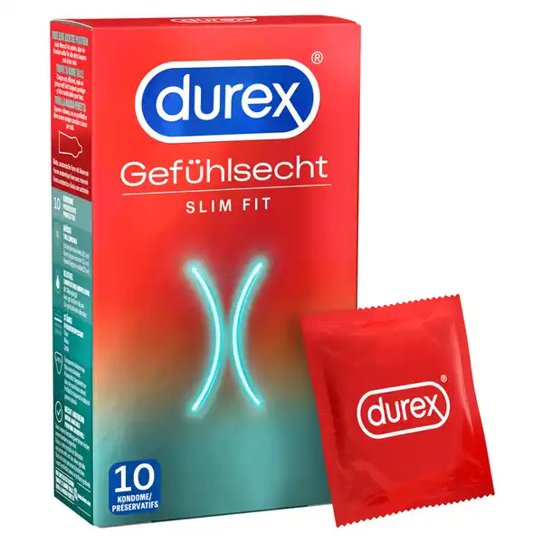 Durex Gefhlsecht Slim Fit Kondome: Цвет: Produktbeschreibung und details hauchzarte Kondome mit festem Sitz fr intensives Empfinden extra schlank fr einen angenehm festen Sitz ideale Passform und Reservoir transparent und befeuchtet nominale Breite  mm Kontaktdaten Reckitt Benckiser Deutschland GmbH Darwinstr   Heidelberg Anwendung und Gebrauch Bitte die Anwendungshinweise vor der Verwendung sorgfltig durchlesen Gebrauch Aufbewahrung und Verwendung Aufbewahrungs und Verwendungsbedingungen Khl und trocken aufbewahren vor direkter Sonneneinstrahlung schtzen Warnhinweise und wichtige Hinweise Warnhinweise Bitte lesen Sie die Innenseite dieser Packung sorgfltig durch besonders dann wenn Sie die Kondome fr Anal oder Oralsex verwenden Verwenden Sie jedes Kondom nur einmal Keine Verhtungsmethode kann einen igen Schutz vor einer Schwangerschaft oder der bertragung von HIV oder anderen sexuell bertragbaren Krankheiten garantieren Dermatologisch getestet und  elektronisch geprft Konformittserklrung Konformittserklrung Laden Sie das Dokument zum Produkt als PDF herunter
https://www.rossmann.de/de/gesundheit-durex-gefuehlsecht-slim-fit-kondome/p/4002448118596