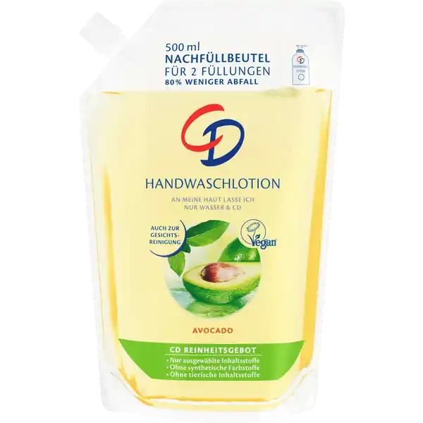 CD Handwaschlotion Avocado Nachfllbeutel: Цвет: Produktbeschreibung und details Die CD Handwaschlotion Avocado kombiniert milde seifenfreie Reinigung mit feuchtigkeitsspendender Pflege dezentfrischer Duft auch zur Gesichtsreinigung Hautvertrglichkeit dermatologisch besttigt pHhautneutral fr empfindliche Haut geeignet vegan Kontaktdaten Lornamead GmbH Harkesheyde   Norderstedt wwwcdkoerperpflegede UrsprungslandHerkunftsort Deutschland Testurteile Qualittssiegel ampamp Verbandszeichen Inhaltsstoffe Aqua Sodium Laureth Sulfate Glycerin Cocamidopropyl Betaine Sodium Chloride Parfum Persea Gratissima Fruit Extract Hydroxypropyl Guar Hydroxypropyltrimonium Chloride Citric Acid Sodium Benzoate Caramel Citronellol Limonene Hexyl Cinnamal Linalool AlphaIsomethyl Ionone
https://www.rossmann.de/de/pflege-und-duft-cd-handwaschlotion-avocado-nachfuellbeutel/p/5014697016942