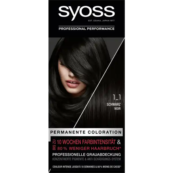 Syoss Professional Performance permanente Coloration 1_1 Schwarz: Цвет: Produktbeschreibung und details Sie suchen intensive lang anhaltende Farbergebnisse und geschtztes Haar  wie vom Friseur maximale Farbintensitt und lange Haltbarkeit mit AntiSchdigungsPflege fr eine Erneuerung von Haarfaserbindungen und bis zu  weniger Haarbruch professionelle Grauabdeckung SALONPLEX Technologie Die SALONPLEX AntiSchdigungsPflegeTechnologie wirkt in  Schritten  Sie gleicht Haarschden aus erneuert die Haarfaserbindungen und reduziert damit Haarbruch um bis zu   Sie versiegelt die Haarfaser nach dem Colorieren von auen und schtzt so vor Farbverblassen Gepflegtes und geschtztes Haar fr lang anhaltende und intensive Farbergebnisse im Vergleich zu unbehandeltem Haar Kontaktdaten Schwarzkopf ampamp Henkel GmbH D Dsseldorf wwwsyossde     Anwendung und Gebrauch Wir empfehlen diese syoss Nuance fr Mittelbraun Dunkelbraun bis Schwarzbraun Schwarz Diese Nuance ist fr leicht bis komplett ergrautes Haar geeignet Dauerhaft haltbar Stufe  Detaillierte Anwendungshinweise in der Packungsbeilage beachten Gebrauch Aufbewahrung und Verwendung Aufbewahrungs und Verwendungsbedingungen Darf nicht in die Hnde von Kindern gelangen Inhaltsstoffe Haarfrbungtnung oxidativ Cetearyl Alcohol Glyceryl Stearate SE Ammonium Hydroxide Ceteareth TolueneDiamine Sulfate Octyldodecanol Sodium Laureth Sulfate Ethanolamine Sodium Cetearyl Sulfate Resorcinol Diaminophenoxyethanol HCl Chlororesorcinol Oleic Acid Sodium Sulfite Parfum Glycerin Carbomer mAminophenol Etidronic Acid Ascorbic Acid Potassium Hydroxide Serine Linalool Citronellol Linoleamidopropyl PGDimonium Chloride Phosphate Sodium Sulfate Propylene Glycol Benzoic Acid Aqua Entwickler Aqua Hydrogen Peroxide Cetearyl Alcohol PEG Castor Oil Etidronic Acid Sodium Cetearyl Sulfate Disodium Pyrophosphate Dicarboxypyridine Potassium Hydroxide Sodium Benzoate Pflegesplung rinse off Aqua Cetearyl Alcohol Behentrimonium Chloride Dimethicone Isopropyl Myristate Glyceryl Stearate Citric Acid Phenoxyethanol Stearamidopropyl Dimethylamine Isopropyl Alcohol Sodium Methylparaben Parfum Polyquaternium Dicaprylyl Carbonate Panthenol Magnesium Chloride Sodium Hydroxide Laureth Laureth Linalool Steardimonium Hydroxypropyl Hydrolyzed Keratin Hexyl Cinnamal AmodimethiconeMorpholinomethyl Silsesquioxane Copolymer Hydrolyzed Keratin Sodium Chloride Trideceth Salicylic Acid Sodium Sulfate Lauryl Glucoside Magnesium Citrate Warnhinweise und wichtige Hinweise Warnhinweise Das Produkt kann schwere allergische Reaktionen hervorrufen Bitte folgende Hinweise lesen und beachten Hellen Sie Ihr Haar nicht auf wenn  Sie einen Ausschlag im Gesicht haben oder wenn Ihre Kopfhaut empfindlich gereizt oder verletzt ist  Sie schon einmal nach dem Aufhellen Ihrer Haare eine Reaktion festgestellt haben Nach Anwendung die Haare gut splen Vollstndige Inhaltsstoffdeklaration siehe Packungsboden Enthlt Wasserstoffperoxid und Ammoniak Kontakt mit den Augen vermeiden Sofort Augen splen falls das Erzeugnis mit den Augen in Berhrung gekommen ist Geeignete Handschuhe tragen Fhren Sie einen Allergieverdachtstest  Stunden vor jeder Aufhellung durch siehe Gebrauchsanweisung auch wenn Sie schon frher Aufheller angewendet haben Daher denken Sie bitte daran das Produkt  Stunden vor der Anwendung zu kaufen Falls hierbei eine Hautunvertrglichkeit auftritt oder Zweifel bestehen fragen Sie bitte einen Hautarzt bevor Sie einen Aufheller anwenden Nur uerlich anwenden Nicht zur Frbung von Wimpern und Augenbrauen verwenden
https://www.rossmann.de/de/pflege-und-duft-syoss-professional-performance-permanente-coloration-1_1-schwarz/p/4015100324068