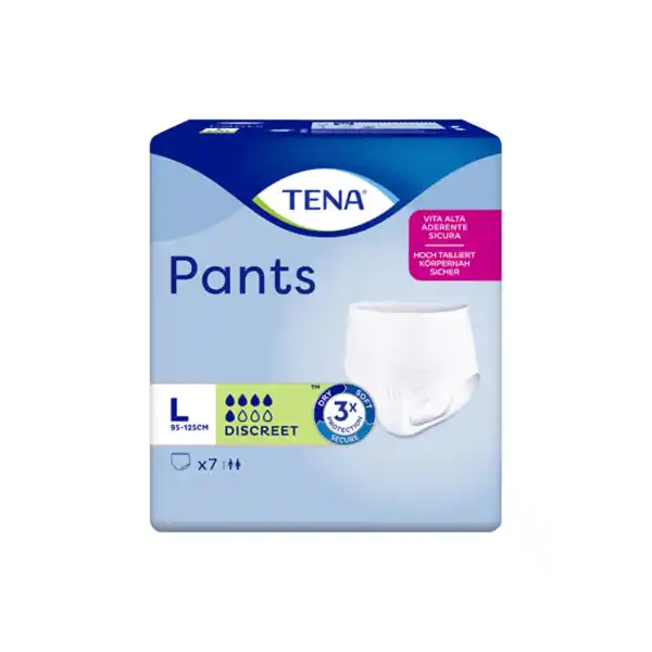 TENA Pants Discreet L: Цвет: Produktbeschreibung und details TENA Pants Discreet sind bequeme und weiche Einweghosen mit hohem Bund die speziell fr mittelstarke Blasenschwche entwickelt wurden Die hochleistungsfhigen schtzenden Einweghosen verfgen ber eine feuchtigkeitsreduzierende Technologie die Trockenheit und Schutz vor Auslaufen und Geruchsbildung bietet Ihre elastische Form passt sich der Krperform perfekt an und garantiert einen besonders sicheren und diskreten Sitz selbst unter enger Kleidung Die EinwegInkontinenzhosen bestehen aus textilhnlichem atmungsaktivem und auergewhnlich saugfhigem Material Ihre PullupPassform sorgt fr den guten unterwschehnlichen Sitz und ermglicht ihren Anwendern einen unabhngigen und aktiven Alltag Highlights Dreifachschutz krpernahe Passform atmungsaktiv und sanft zur Haut Kontaktdaten Essitiy Germany GmbH Sandhofer Strae  D Mannheim wwwtenade UrsprungslandHerkunftsort Niederlande Gebrauch Aufbewahrung und Verwendung Aufbewahrungs und Verwendungsbedingungen Gebrauchte Pants bitte mit dem Hausmll entsorgen nicht in die Toilette werfen
https://www.rossmann.de/de/gesundheit-tena-pants-discreet-l/p/7322540081183