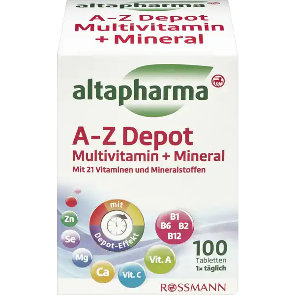 altapharma A-Z Depot Multivitamin + Mineral: Цвет: https://www.rossmann.de/de/gesundheit-altapharma-a-z-depot-multivitamin--mineral/p/4305615887067
Produktbeschreibung und details Vitamine Mineralien und Spurenelemente sind Mikronhrstoffe die unser Krper tglich in ausreichender Menge bentigt Die Vitamine B B und C tragen zu einer normalen Funktion des Energiestoffwechsels und des Immunsystems bei Calcium Magnesium und Zink werden fr die Erhaltung normaler Knochen bentigt und Selen und Jod tragen zu einer normalen Schilddrsenfunktion bei Achten sie deshalb auf eine ausgeglichene Ernhrung Durch den speziellen DepotEffekt werden die in den altapharma AZ Depot MultivitaminMineral enthaltenen Vitamine gleichmig ber mehrere Stunden verteilt freigesetzt Bereits eine Tablette pro Tag leistet einen wichtigen Beitrag zur Versorgung Ihres Krpers mit  Vitaminen Mineralstoffen und Spurenelementen Kontaktdaten Dirk Rossmann GmbH Iserhgener Str   Burgwedel wwwrossmannde UrsprungslandHerkunftsort Deutschland Testurteile Qualittssiegel ampamp Verbandszeichen Zutaten Dicalciumphosphat Magnesiumoxid Calciumcarbonat LAscorbinsure Fllstoff Hydroxyprophylmethylcellulose berzugsmittel Hydroxypropymethylcellulose DLaTocopherylacetat Nicotinamid Trennmittel Magnesiumsalze der Speisefettsuren Talkum Maltodextrin CalciumDPantothenat Zinkoxid Pyridoxinhydrochlorid Thiaminhydrochlorid Verdickungsmittel Gummi arabicum Riboflavin Emulgator Polysorbat  Farbstoffe Eisenoxide Pteroylmonoglutaminsure Retinylacetat ChromIIIChlorid Kaliumiodid Natriummolybdat Phyllochinon Natriumselenat DBiotin Cholecalciferol Cyanocobalamin Nhrwerte Durchschnittliche Nhrwertangaben pro  Portion  Tagesdosis  Tablette NRV Calcium  mg   Phosphor  mg   Magnesium  mg   Zink  mg   Selen  g   Chrom  g   Molybdn  g   Jod  g   Vitamin A  g   Vitamin D  g   Vitamin E  mg   Vitamin K  g   Vitamin C  mg   Vitamin B Thiamin  mg   Vitamin B Riboflavin  mg   Niacin  mg   Vitamin B  mg   Folsure  g   Vitamin B  g   Biotin  g   Pantothensure  mg   Anwendung und Gebrauch Verzehrempfehlung  Tablette mit reichlich Flssigkeit vorzugsweise nach einer Mahlzeit verzehren Gebrauch Aufbewahrung und Verwendung Aufbewahrungs und Verwendungsbedingungen Trocken vor Wrme und Licht geschtzt lagern Warnhinweise und wichtige Hinweise Warnhinweise Das Produkt enthlt Vitamin A Schwangere und Personen die gerinnungshemmende Arzneimittel vom CumarinTyp einnehmen sollten vor dem Verzehr des Produktes ihren Arzt befragen Fr Kinder und Jugendliche unter  Jahren nicht geeignet Bitte auerhalb der Reichweite von kleinen Kindern aufbewahrenDie empfohlene Verzehrsmenge darf nicht berschritten werden Nahrungsergnzungsmittel sind kein Ersatz fr eine ausgewogene und abwechslungsreiche Ernhrung sowie eine gesunde Lebensweise