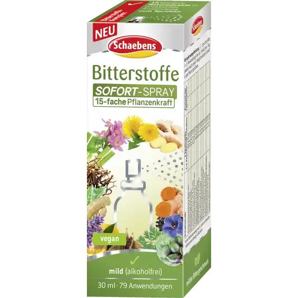 Schaebens Bitterstoffe SOFORT-Spray mild: Цвет: https://www.rossmann.de/de/gesundheit-schaebens-bitterstoffe-sofort-spray-mild/p/4003573189093
Produktbeschreibung und details Das Schaebens Bitterstoffe SOFORTSpray ist der perfekte tgliche Begleiter  die Rezeptur besteht aus erlesenen Pflanzenextrakten mit wertvollen Bitterstoffen Nachfolgend ein Einblick in die Welt ausgewhlter enthaltener Inhaltsstoffe Artischocke Die aus dem Mittelmeerraum stammende Artischocke gilt nicht nur als wahres Superfood sondern hat auch einen hervorragenden Geschmack Enzian Der primr in den Gebirgsregionen Europas blhende Enzian steht mittlerweile unter Naturschutz seine Verwendung geht aber bis ins Altertum zurck Tausendgldenkraut Der Name leitet sich von Tausend Gulden wert ab Die wertvolle Pflanze fllt vor allem durch ihre wunderschn gefrbten Blten auf Bitterfenchel Als beliebte Zutat von Kruterteemischungen ist Bitterfenchel sehr bekannt Schon die frhen Hochkulturen in gypten sowie China nutzten den Fenchel als traditionelle Gewrzpflanze Kurkuma Die krftig orangegelb gefrbte Wurzel gilt in Indien als heilige Pflanze Besonders hufig wird Kurkuma in Goldener Milch verwendet die ihren Ursprung in der ayurvedischen Lehre hat vegan mild alkoholfrei ohne Zuckerzusatz gluten und laktosefrei Lebensmittelunternehmer Name Schaebens Adresse  Frechen Germany wwwschaebensde Rechtlich vorgeschriebene Produktbezeichnung Nahrungsergnzungsmittel mit Pflanzenextrakten mit Sungsmittel Zutaten Wasser ArtischockenblattExtrakt   EnzianwurzelExtrakt   FenchelfruchtExtrakt   LwenzahnwurzelExtrakt   TausendgldenkrautExtrakt   IngwerwurzelExtrakt   AngelikawurzelExtrakt   KurkumawurzelExtrakt   WermutkrautExtrakt   BitterorangenbltenExtrakt   KardamomsamenExtrakt   LavendelbltenExtrakt   SchwarzkmmelsamenExtrakt   ZitwerwurzelExtrakt   GewrzlilienwurzelExtrakt   Aroma Konservierungsstoff Kaliumsorbat Sureregulator Citronensure Anwendung und Gebrauch Verzehrempfehlung  Sprhste   Anwendung bis zu mal pro Tag jeweils nach einer Hauptmahlzeit direkt in den Mund sprhen Bitte vor Gebrauch vorsichtig schtteln Nach dem ffnen innerhalb von  Monaten verbrauchen Durch die Verwendung natrlicher Inhaltsstoffe kann es zu leichten Farbschwankungen kommen die keine Auswirkung auf die Qualitt haben Gebrauch Aufbewahrung und Verwendung Aufbewahrungs und Verwendungsbedingungen Khl trocken und vor Licht geschtzt aufbewahren Warnhinweise und wichtige Hinweise Warnhinweise Auerhalb der Reichweite von kleinen Kindern aufbewahren Die angegebene empfohlene tgliche Verzehrsmenge darf nicht berschritten werden Nahrungsergnzungsmittel sind kein Ersatz fr eine ausgewogene abwechslungsreiche Ernhrung und eine gesunde Lebensweise Nicht fr Schwangere und Stillende geeignet