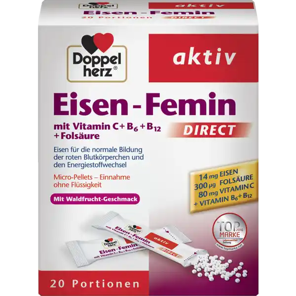 Doppelherz aktiv EisenFemin Direct  Folsure: Цвет: https://www.rossmann.de/de/gesundheit-doppelherz-aktiv-eisen-femin-direct--folsaeure/p/4009932003062
Produktbeschreibung und details Eisen ist ein lebenswichtiges Spurenelement Auf eine ausreichende Versorgung mit Eisen sollte besonders whrend der Schwangerschaft in der Stillzeit im Alter sowie bei einseitiger oder vegetarischer Ernhrung geachtet werden Eisen und Folsure als Beitrag fr die normale Bildung der roten Blutkrperchen Vitamin B und B tragen zum normalen Energiestoffwechsel bei Vitamin C untersttzt die normale Funktion des Immunsystems MicroPellets Leckere und schnelle Einnahme ohne Flssigkeit mit WaldfruchtGeschmack Lebensmittelunternehmer Name Queisser Pharma Adresse Schleswiger Str   Flensburg www doppelherzde UrsprungslandHerkunftsort Deutschland Testurteile Qualittssiegel ampamp Verbandszeichen Rechtlich vorgeschriebene Produktbezeichnung Granulat mit Eisen Folsure Vitamin C Vitamin B Vitamin B ampamp WaldfruchtGeschmack  Nahrungsergnzungsmittel mit Sungsmitteln Zutaten Fllstoff Sorbit Fllstoff Xylit Vitamin C Eisenpyrophosphat Sureregulator Mononatriumcitrat Verdickungsmittel NatriumCarboxymethylcellulose Aroma Sungsmittel Acesulfam K Sungsmittel Aspartam Vitamin B Folsure Vitamin B Nhrwerte Durchschnittliche Nhrwertangaben pro  Portion  Beutel NRV Eisen  mg   Vitamin C  mg   Vitamin B  mg   Folsure  g   Vitamin B  g   Anwendung und Gebrauch Tglich den Inhalt eines Beutels verzehren Die MicroPellets direkt auf die Zunge geben langsam zergehen lassen und schlucken Bitte den Beutel in Pfeilrichtung aufreien Gebrauch Aufbewahrung und Verwendung Aufbewahrungs und Verwendungsbedingungen Trocken und nicht ber C lagern Warnhinweise und wichtige Hinweise Warnhinweise Die angegebene empfohlene tgliche Verzehrsmenge darf nicht berschritten werden Nahrungsergnzungsmittel sind kein Ersatz fr eine ausgewogene und abwechslungsreiche Ernhrung und eine gesunde Lebensweise Fr kleine Kinder unzugnglich aufbewahren Nicht fr Kinder unter  Jahren geeignet Enthlt Phenylalaninquellen Kann bei bermigem Verzehr abfhrend wirken