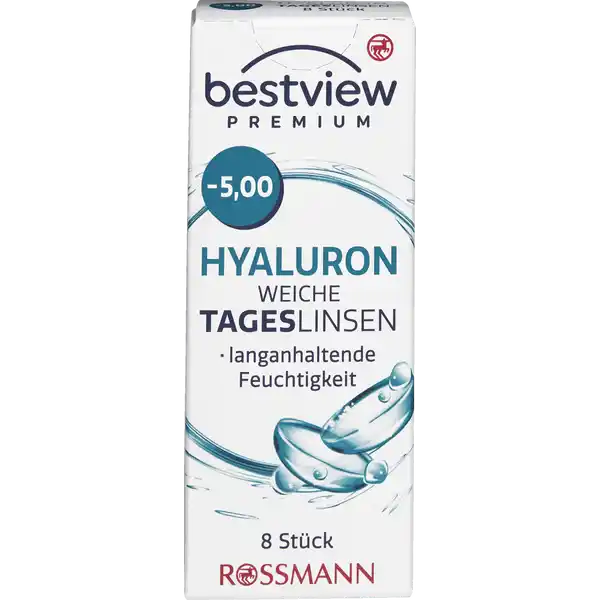 BestView Premium weiche Tageslinsen Hyaluron -5,00: Цвет: https://www.rossmann.de/de/gesundheit-bestview-premium-weiche-tageslinsen-hyaluron--500/p/4719889750147
Produktbeschreibung und details Die bestview Premium Hyaluron weiche Tageslinsen erfllen alle europischen Normen und medizinischen Richtlinien Das zugefgte Hyaluron begnstigt eine Verbesserung der Stabilitt des Trnenfilms Die bestview Tageslinsen besitzen ein spezielles Linsendesign welches eine einfachere Anwendung ermglicht Tageslinsen sind durch ihren tglichen Austausch besonders hygienisch und brauchen nicht gereinigt zu werden Tageslinsen sind besonders zu empfehlen wenn man nur ab und zu Kontaktlinsen trgt etwa beim Sport im Urlaub oder am Wochenende bestview Premium Hyaluron weiche Tageslinsen sind vertrgliche weiche Kontaktlinsen zur Korrektur von Kurzsichtigkeit langanhaltende Feuchtigkeit  Stck Kontaktdaten Dirk Rossmann GmbH Isernhgener Strae   Burgwedel wwwrossmannde Anwendung und Gebrauch Nutzungsdauer  Tag Inhaltsstoffe  Wasser  Etafilcon A Phosphat gepufferte Kochsalzlsung Warnhinweise und wichtige Hinweise Warnhinweise Nicht verwenden bei beschdigter Linsenverpackung Gehen Sie mit Ihren Linsen bitte regelmig zu einer augenrztlichen Kontrolle Folgen Sie den Anweisungen Ihres Kontaktlinsenanpassers Schlafen Sie nicht mit eingesetzter Linse Bitte beachten Sie die beiliegende Gebrauchsinformation