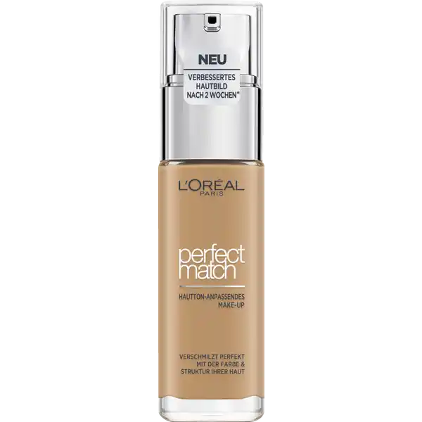 LOral Paris Perfect Match MakeUp DW Golden Toffee: Цвет: Produktbeschreibung und details Das Perfect Match Makeup von LOral Paris ist Pflege Schutz und Foundation in einem Das flssige Makeup zaubert einen ebenmigen und natrlichen Teint im optimalen Farbton Zustzlich pflegt und schtzt die Formel mit Hyaluron und Aloe Vera die Haut und verbessert das Hautbild Dank der innovativen MicroMatchTechnologie der Foundation verschmilzt die ultraleichte Textur mit der Haut Die Foundation optimiert optisch sowohl den Hautton als auch die Hautstruktur Das feuchtigkeitsspendende Makeup von LOral Paris fhlt sich wunderbar geschmeidig an und passt sich Ihrem Hautunterton an  fr einen absolut natrlich und ebenmig wirkenden Teint ohne Maskeneffekt Kontaktdaten LORAL Deutschland GmbH  Geschftsbereich LOral Paris Johannstrae   Dsseldorf Anwendung und Gebrauch Einen Tropfen LOral Paris Perfect Match Makeup von innen nach auen gleichmig auf das Gesicht auftragen Erst mit einer kleinen Menge der Foundation beginnen etwa  Tropfen bei Bedarf  z B wenn die Menge nicht fr eine gleichmige Schicht ausreicht oder um die Deckkraft aufzubauen  noch etwas mehr von der Foundation verwenden Damit das Gesamtergebnis natrlich wirkt die Foundation anschlieend gut verblenden Gebrauch Aufbewahrung und Verwendung Aufbewahrungs und Verwendungsbedingungen Khl und trocken lagern Inhaltsstoffe AQUA  WATER  DIMETHICONE  ISODODECANE  CYCLOHEXASILOXANE  GLYCERIN  PEG DIMETHICONE  METHYL METHACRYLATE CROSSPOLYMER  BUTYLENE GLYCOL  PENTYLENE GLYCOL  SYNTHETIC FLUORPHLOGOPITE  DISTEARDIMONIUM HECTORITE  HYDROXYETHYLPIPERAZINE ETHANE SULFONIC ACID  CETYL PEGPPG DIMETHICONE  SODIUM CHLORIDE  POLYGLYCERYL ISOSTEARATE  HEXYL LAURATE  CAPRYLYL GLYCOL  PHENOXYETHANOL  DISODIUM STEAROYL GLUTAMATE  TOCOPHEROL  PANTHENOL  ALUMINUM HYDROXIDE  HYDROXYETHYL UREA  ALOE BARBADENSIS LEAF JUICE POWDER  SODIUM HYALURONATE  TIN OXIDE  HYDRATED SILICA  METHICONE  PENTAERYTHRITYL TETRADITBUTYL HYDROXYHYDROCINNAMATE   MAY CONTAIN CI   TITANIUM DIOXIDE  CI  CI  CI   IRON OXIDES  MICA  CI   FERRIC AMMONIUM FERROCYANIDE  CI   YELLOW  LAKE  CI   BLUE  LAKE  CI   RED  LAKE  CI   RED  FIL B
https://www.rossmann.de/de/make-up-loreal-paris-perfect-match-make-up-65d65w-golden-toffee/p/3600523878390