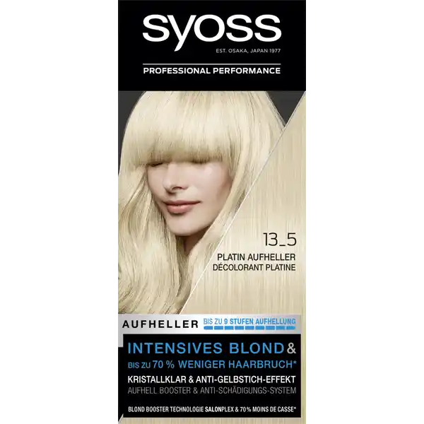 Syoss Professional Performance 13_5 Platin Aufheller: Цвет: Produktbeschreibung und details Sie suchen intensive Aufhelleffekte ohne Gelbstich fr frische Blondtne in professioneller SalonQualitt salonfrisches Kristallblond hellt um bis zu  Stufen auf  ohne Gelbstich gesund glnzende Haarstruktur stark aufhellende Formel mit Pflegel Die professionelle Formel mit Pflegel hellt um bis zu  Stufen auf whrend die professionelle Pflege mit neutralisierenden Farbpigmenten die Haaroberflche glttet und dem Haar einen khlen FarbEffekt verleiht Intensives Blond und bis zu  weniger Haarbruch  syoss Aufheller fr kristallklares Blond und AntiGelbstichEffekt im Vergleich zu unbehandeltem Haar Kontaktdaten Schwarzkopf ampamp Henkel GmbH D Dsseldorf wwwsyossde     Anwendung und Gebrauch Wir empfehlen diese Nuance fr mittelblondes bis hellbraunes Haar Fr leicht ergrautes Haar geeignet Dauerhaft haltbar Detaillierte Anwendungshinweise in der Packungsbeilage beachten Gebrauch Aufbewahrung und Verwendung Aufbewahrungs und Verwendungsbedingungen Darf nicht in die Hnde von Kindern gelangen Inhaltsstoffe Blondierung Potassium Persulfate Sodium Silicate Sodium Persulfate Ammonium Persulfate Aqua Disodium EDTA Potassium Sulfate Ammonium Sulfate Sodium Sulfate SilicaBlondierung Aqua Sodium Laureth Sulfate Cetearyl Alcohol Ammonium Hydroxide Coconut Alcohol BisCetearyl Amodimethicone Ammonium Sulfate Parfum Ceteareth Sodium Silicate CI  Etidronic Acid Linalool Citronellol Haarfrbungtnung direktziehend Aqua PEG Coconut Alcohol Cetearyl Alcohol Cocamidopropyl Betaine Sodium Laureth Sulfate Butylene Glycol Laureth Carbomer Phenoxyethanol Ethanolamine Methylparaben Poly quaternium Ceteareth Sodium Chloride Parfum Prunus Armeniaca Kernel Oil Niacinamide Panthenol Acid Violet  Linalool HC Blue No  Benzyl Salicylate Limonene Benzyl Alcohol Hexyl Cinnamal Pflegesplung rinse off Aqua Cetearyl Alcohol Behentrimonium Chloride Dimethicone Isopropyl Myristate Glyceryl Stearate Citric Acid Phenoxyethanol Stearamidopropyl Dimethylamine Isopropyl Alcohol Sodium Methylparaben Parfum Polyquaternium Dicaprylyl Carbonate Panthenol Magnesium Chloride Sodium Hydroxide Laureth Laureth Linalool Steardimonium Hydroxypropyl Hydrolyzed Keratin Hexyl Cinnamal AmodimethiconeMorpholinomethyl Silsesquioxane Copolymer Hydrolyzed Keratin Sodium Chloride Trideceth Salicylic Acid Sodium Sulfate Lauryl Glucoside Magnesium Citrate Entwickler Aqua Hydrogen Peroxide Isopropyl Myristate Cetearyl Alcohol PEG Castor Oil Ceteareth Sodium Cetearyl Sulfate Cera Alba Etidronic Acid Potassium Hydroxide Disodium Pyrophosphate Dicarboxypyridine Sodium Sulfate Warnhinweise und wichtige Hinweise Warnhinweise Das Produkt kann schwere allergische Reaktionen hervorrufen Bitte folgende Hinweise lesen und beachten Hellen Sie Ihr Haar nicht auf wenn  Sie einen Ausschlag im Gesicht haben oder wenn Ihre Kopfhaut empfindlich gereizt oder verletzt ist  Sie schon einmal nach dem Aufhellen Ihrer Haare eine Reaktion festgestellt haben Nach Anwendung die Haare gut splen Vollstndige Inhaltsstoffdeklaration siehe Packungsboden Enthlt Wasserstoffperoxid und Ammoniak Kontakt mit den Augen vermeiden Sofort Augen splen falls das Erzeugnis mit den Augen in Berhrung gekommen ist Geeignete Handschuhe tragen Fhren Sie einen Allergieverdachtstest  Stunden vor jeder Aufhellung durch siehe Gebrauchsanweisung auch wenn Sie schon frher Aufheller angewendet haben Daher denken Sie bitte daran das Produkt  Stunden vor der Anwendung zu kaufen Falls hierbei eine Hautunvertrglichkeit auftritt oder Zweifel bestehen fragen Sie bitte einen Hautarzt bevor Sie einen Aufheller anwenden Nur uerlich anwenden Nicht zur Frbung von Wimpern und Augenbrauen verwenden
https://www.rossmann.de/de/pflege-und-duft-syoss-professional-performance-13_5-platin-aufheller/p/4015100324945