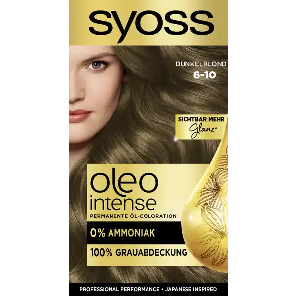 Syoss Professional Performance Oleo Intense Permanente lColoration  Dunkelblond: Цвет: Produktbeschreibung und details Natrlich Blond Sie ist die wohl spektakulrste aller Haarfarben mit DivenPotential  la Marilyn Monroe und Grace Kelly Blond ist immer im Trend Dunkelblond Hellblond Honigblond Platinblond  unsere breitgefcherte Farbwelt ermglicht Blondieren in allen denkbaren Nuancen Aufhellung Strhnchen individuelle BlondHighlights oder auswaschbare Pastelleffekte Sie haben die Wahl Taucht Ihr Haar in ein atemberaubendes Dunkelblond fr eine intensive Haarfarbe mit pflegendem l ohne Ammoniak intensive Pflege und Farbhaltbarkeit professionelle Grauabdeckung permanente Coloration gesund aussehendes krftiges Haar Kontaktdaten Schwarzkopf ampamp Henkel GmbH D Dsseldorf wwwsyossde     Anwendung und Gebrauch Bitte Gebrauchsanweisung beachten Gebrauch Aufbewahrung und Verwendung Aufbewahrungs und Verwendungsbedingungen Darf nicht in die Hnde von Kindern gelangen Inhaltsstoffe ColorPflegeCremeAqua Water Eau Cetearyl Alcohol Ethanolamine Coconut Alcohol Sodium Laureth Carboxylate Sodium Myreth Sulfate Hydroxyethyl Diamino Pyrazole Sulfate Glycine BisDiisopropanolaminoPGPropyl DimethiconeBisIsobutyl PEG Copolymer Acrylamidopropyltrimonium ChlorideAcrylates Copolymer CocoGlucoside Paraffinum Liquidum Mineral Oil Huile Minrale Glyceryl Oleate Ceteareth Ceteareth mAminophenol Potassium Hydroxide Parfum Fragrance Sodium Sulfite Sodium Silicate Etidronic Acid Ascorbic Acid Sodium Chloride Butyloctanol Citric Acid Polysorbate  Diaminophenoxyethanol HCl Phenoxyethanol Citronellol Lactic Acid Benzyl Alcohol AlphaIsomethyl Ionone Sodium Benzoate Methylparaben Ethylparaben EntwicklerlotionAqua Water Eau Paraffinum Liquidum Mineral Oil Huile Minrale Hydrogen Peroxide Cetearyl Alcohol PEG Castor Oil Sodium Cetearyl Sulfate Etidronic Acid Potassium Hydroxide Dicarboxypyridine Disodium Pyrophosphate Sodium Benzoate Sodium Sulfate Reichhaltiger Conditioner mit l Aqua Water Eau Cetearyl Alcohol Quaternium Propylene Glycol Prunus Armeniaca Apricot Kernel Oil Argania Spinosa Kernel Oil Panthenol Isopropyl Myristate Distearoylethyl Hydroxyethylmonium Methosulfate Citric Acid Phenoxyethanol Stearamidopropyl Dimethylamine Polyquaternium Ceteareth Glyceryl Stearate Sodium Methylparaben Dicaprylyl Carbonate Parfum Fragrance Hexyl Cinnamal Benzyl Salicylate Linalool Lauryl Glucoside Benzyl Alcohol Limonene Warnhinweise und wichtige Hinweise Warnhinweise Das Produkt kann schwere allergische Reaktionen hervorrufen Bitte folgende Hinweise lesen und beachten Hellen Sie Ihr Haar nicht auf wenn  Sie einen Ausschlag im Gesicht haben oder wenn Ihre Kopfhaut empfindlich gereizt oder verletzt ist  Sie schon einmal nach dem Aufhellen Ihrer Haare eine Reaktion festgestellt haben Nach Anwendung die Haare gut splen Vollstndige Inhaltsstoffdeklaration siehe Packungsboden Enthlt Wasserstoffperoxid und Ammoniak Kontakt mit den Augen vermeiden Sofort Augen splen falls das Erzeugnis mit den Augen in Berhrung gekommen ist Geeignete Handschuhe tragen Fhren Sie einen Allergieverdachtstest  Stunden vor jeder Aufhellung durch siehe Gebrauchsanweisung auch wenn Sie schon frher Aufheller angewendet haben Daher denken Sie bitte daran das Produkt  Stunden vor der Anwendung zu kaufen Falls hierbei eine Hautunvertrglichkeit auftritt oder Zweifel bestehen fragen Sie bitte einen Hautarzt bevor Sie einen Aufheller anwenden Nur uerlich anwenden Nicht zur Frbung von Wimpern und Augenbrauen verwenden
https://www.rossmann.de/de/pflege-und-duft-syoss-professional-performance-oleo-intense-permanente-oel-coloration-6-10-dunkelblond/p/4015100310979