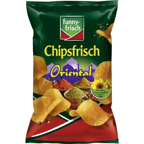 funny-frisch Chipsfrisch Oriental: Цвет: Produktbeschreibung und details Eintauchen in die bunte Welt des Orients Die aromatischen Gewrze und die geheimnisvolle Schrfe machen die Chipsfrisch Oriental zu einem unwiderstehlich leckeren Genuss  ein Geschmack wie aus  Nacht natrliche Aromen ampamp keine geschmacksverstrkenden Zusatzstoffe vegan glutenfrei Lebensmittelunternehmer Name Intersnack Deutschland SE Adresse ErnaSchefflerStr  DE Kln wwwfunnyfrischde Rechtlich vorgeschriebene Produktbezeichnung Kartoffelchips mit pikantem Geschmack Zutaten Kartoffeln pflanzliche le Sonnenblume Raps in vernderlichen Gewichtsanteilen Zucker natrliches Aroma Speisesalz Knoblauchpulver Tomatenpulver Zwiebelpulver Hefeextrakt Gewrze und Gewrzextrakte Paprika Chili Pfeffer Nelke Ingwer Piment Koriander Nhrwerte Durchschnittliche Nhrwertangaben pro  g pro  Portion GDA  g Tagesdosis Referenzwert Referenzmenge fr einen durchschnittlichen Erwachsenen kj  kcal Energie  kj   kcal  kj   kcal   Fett  g  g   davon  gesttigte Fettsuren  g  g   Kohlenhydrate  g  g   davon  Zucker  g amplt  g   Ballaststoffe  g  g Eiwei  g  g   Salz  g  g   Warnhinweise und wichtige Hinweise Warnhinweise Unter Schutzatmosphre verpackt
https://www.rossmann.de/de/lebensmittel-funny-frisch-chipsfrisch-oriental/p/4003586100399