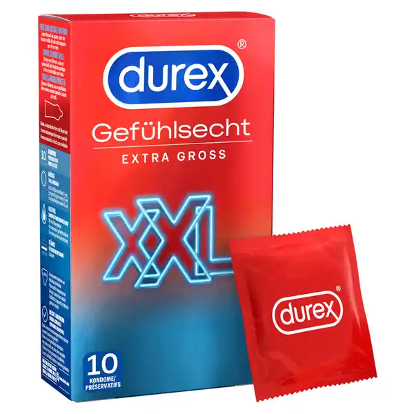 Durex Gefhlsecht Extra Gro XXL Kondome: Цвет: Produktbeschreibung und details extra groe Kondome aus Naturkautschuklatex fr einen angenehmen Sitz ideale Passform und Reservoir transparent und befeuchtet nominale Breite  mm dermatologisch getestet und  elektronisch geprft Kontaktdaten Reckitt Benckiser Deutschland GmbH Darwinstr   Heidelberg  Heidelberg wwwdurexcom Anwendung und Gebrauch Bitte lesen Sie die Innenseite dieser Packung sorgfltig durch besonders dann wenn Sie die Kondome fr Anal oder Oralsex verwenden Gebrauch Aufbewahrung und Verwendung Aufbewahrungs und Verwendungsbedingungen Khl und trocken aufbewahren vor direkter Sonneneinstrahlung schtzen Inhaltsstoffe Naturkautschuklatex Warnhinweise und wichtige Hinweise Warnhinweise Verwenden Sie jedes Kondom nur einmal Keine Verhtungsmethode kann einen igen Schutz vor einer Schwangerschaft oder der bertragung von HIV oder anderen sexuell bertragbaren Krankheiten garantieren Konformittserklrung Konformittserklrung Laden Sie das Dokument zum Produkt als PDF herunter
https://www.rossmann.de/de/gesundheit-durex-gefuehlsecht-extra-gross-xxl-kondome/p/4002448131601