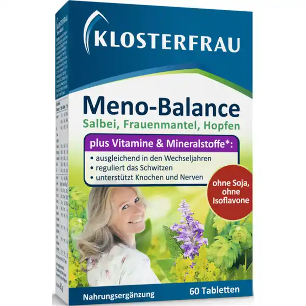 Klosterfrau Meno-Balance: Цвет: https://www.rossmann.de/de/gesundheit-klosterfrau-meno-balance/p/4008617027003
Produktbeschreibung und details Klosterfrau MenoBalance versorgt Ihren Krper mit wertvollen Vitaminen Mineral und Pflanzenstoffen die in der unruhigen Zeit der Wehchseljahre ausgleichen und ein stabiles Wohlbefinden untersttzen knnen Es ist frei von Isoflavonen z B aus Soja und setzt ganz auf einen natrlichen Ausgleich und eine sinnvolle Nhrstoffversorgung Salbei das duftige Heilkraut wird traditionell gegen bermiges Schwitzen eingesetzt Frauenmantel aus der Familie der Rosengewchse hat krampflsende und beruhigende Eigenschaften Hopfen ist bekannt fr seine Eigenschaften die Nerven zu beruhigen und den Schlaf zu frdern BVitamine untersttzen den Energiestoffwechsel Sie helfen bei Mdigkeit und Erschpfung und untersttzen eine ausgeglichene Funktion der Psyche Vitamin E schtzt die Zellen vor oxidativem Stress Vitamin D Calcium und Magnesium tragen zur Erhaltung von Knochen und Zhnen bei und untersttzen die normale Muskelund Nervenfunktion reguliert das Schwitzen untersttzt Knochen und Nerven Lebensmittelunternehmer Name MCM Klosterfrau Adresse  Kln UrsprungslandHerkunftsort Deutschland Rechtlich vorgeschriebene Produktbezeichnung MenoBalance Fr ein Wohlbefinden in den Wechseljahren Zutaten Calciumcarbonat Magnesiumoxid Stabilisatoren Cellulose Hydroxypropylmethylcellulose Frauenmantel Extrakt Trennmittel Talkum Siliciumdioxid Magnesiumsalze der Speisefettsuren Salbeibltter Extrakt Fllstoff vernetzte Carboxymethylcellulose berzugsmittel Hydroxypropylmethylcellulose Speisefettsuren Polyethylenglycol Hopfenzapfen Extrakt LAKTOSE  Farbstoff Calciumcarbonat DLalphaTocopherylacetat Pyridoxinhydrochlorid Riboflavin Cyanocobalamin Vitamin B Cholecalciferol Vitamin D Nhrwerte Durchschnittliche Nhrwertangaben pro  Portion  Tablette NRV Calcium  mg   Magnesium  mg   Vitamin D  g   Vitamin E  mg   Vitamin B Riboflavin  mg   Vitamin B  mg   Vitamin B  g   Anwendung und Gebrauch   Tabletten tglich mitetwas Flssigkeit zu einer Mahlzeit unzerkaut schlucken Gebrauch Aufbewahrung und Verwendung Aufbewahrungs und Verwendungsbedingungen Bitte trocken und nicht ber  Grad Celsius lagern Warnhinweise und wichtige Hinweise Warnhinweise Nahrungsergnzungsmittel sollten nicht als Ersatz fr eine ausgewogene und abwechslungsreiche Ernhrung verwendet werden oder eine gesunde Lebensweise ersetzen Die angegebene empfohlene Verzehrmenge darf nicht berschritten werden Auerhalb der Reichweite von kleinen Kindern lagern