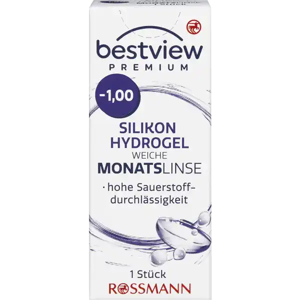 BestView Premium weiche Monatslinse Silikon Hydrogel -1,00: Цвет: https://www.rossmann.de/de/gesundheit-bestview-premium-weiche-monatslinse-silikon-hydrogel--100/p/9555650138494
Produktbeschreibung und details Die weiche bestview Premium Monatslinse wurde klinisch getestet und ist von sehr hoher Qualitt Durch das besonders weiche und sauerstoffdurchlssige Material der Premium Monatslinse wird kaum Eigengewhnungszeit bentigt Die Linse wurde fr den tglichen Gebrauch entwickelt und dient zum monatlichen Austausch Die Kanten der Monatslinse wurden speziell fr einen hohen Tragekomfort entwickelt hohe Sauerstoffdurchlssigkeit  Stck Kontaktdaten Dirk Rossmann GmbH Isernhgener Strae   Burgwedel wwwrossmannde Inhaltsstoffe Enthlt eine weiche sterile Kontaktlinse mit  Wasser und  Olifilcon A in einer gepufferten Kochsalzlsung Warnhinweise und wichtige Hinweise Warnhinweise Nicht verwenden bei beschdigter Linsenverpackung Gehen Sie mit Ihren Linsen bitte regelmig zu einer augenrztlichen Kontrolle Folgen Sie den Anweisungen Ihres Kontaktlinsenanpassers Schlafen Sie nicht mit eingesetzter Linse Das Tragen von Kontaktlinsen kann eine Sonnenbrille nicht ersetzen Bitte beachten Sie die beiliegende Gebrauchsinformation