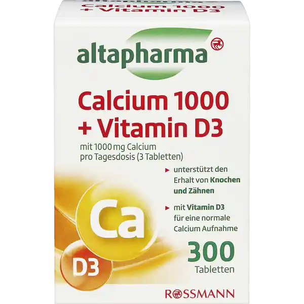 altapharma Calcium 1000 + Vitamin D3: Цвет: https://www.rossmann.de/de/gesundheit-altapharma-calcium-1000--vitamin-d3/p/4305615619361
Produktbeschreibung und details Calcium ist ein lebensnotwendiger Mineralstoff der vom menschlichen Krper nicht selbst gebildet werden kann Es ist hauptschlich fr die Bildung von Knochen und Zhnen notwendig Besonders Jugendliche Schwangere stillende Mtter und ltere Menschen haben einen erhhten Calciumbedarf Fr einen normalen Calciumstoffwechsel ist eine ausreichende Zufuhr von Vitamin D wichtig Es untersttzt die Calciumaufnahme und dient als Einbauhelfer fr das Calcium in die Knochen mit  mg Calcium pro Tagesdosis  Tabletten untersttzt den Erhalt von Knochen und Zhnen mit Vitamin D fr eine normale Calcium Aufnahme Lebensmittelunternehmer Name Dirk Rossmann GmbH Adresse Isernhgener Str   Burgwedel wwwrossmannde       UrsprungslandHerkunftsort Hergestellt in der EU Rechtlich vorgeschriebene Produktbezeichnung Nahrungsergnzungsmittel mit Calcium und Vitamin D Zutaten Calciumcarbonat Fllstoffe vernetzte Carboxymethylcellulose und Maltodextrin Trennmittel Magnesiumsalze der Speisefettsuren Cholecalciferol Vitamin D Laktosefrei glutenfrei Nhrwerte Durchschnittliche Nhrwertangaben pro  g pro  Portion pro Tagesdosis  Tabletten Energie  kj   kcal  kj   kcal Fett  g amplt  g davon  gesttigte Fettsuren  g amplt  g Kohlenhydrate  g amplt  g davon  Zucker amplt  g amplt  g Eiwei  g  g Salz  g amplt  g NRV Calcium  mg   Vitamin D  g   Anwendung und Gebrauch  Tabletten tglich mit Flssigkeit zB  Glas Wasser zu den Mahlzeiten verzehren Gebrauch Aufbewahrung und Verwendung Aufbewahrungs und Verwendungsbedingungen Bitte auerhalb der Reichweite von kleinen Kindern aufbewahren Trocken vor Wrme und Licht geschtzt aufbewahren Warnhinweise und wichtige Hinweise Warnhinweise Die empfohlene tgliche Verzehrmenge darf nicht berschritten werden Nahrungsergnzungsmittel sind kein Ersatz fr eine ausgewogene und abwechslungsreiche Ernhrung sowie eine gesunde Lebensweise