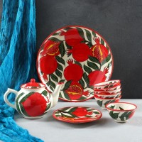 Набор чайный Риштанская керамика "Гранат", 9 предметов (Чайник-0,8л,пиалы-0,5/0,3л): 