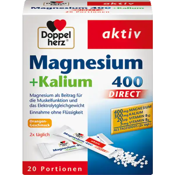 Doppelherz aktiv Magnesium + Kalium 400 direct: Цвет: Produktbeschreibung und details Doppelherz aktiv Magnesium  Kalium  direct Magnesium als Beitrag fr die Muskelfunktion ampamp das Elektrolytgleichgewicht mit OrangenGeschmack x tglich Lebensmittelunternehmer Name Queisser Pharma GmbH ampamp Co KG Adresse Schleswiger Strae   Flensburg Deutschland UrsprungslandHerkunftsort Deutschland Rechtlich vorgeschriebene Produktbezeichnung Granulat mit Magnesium Kalium Vitamin B Vitamin B und OrangenGeschmack  Nahrungsergnzungsmittel mit Sungsmitteln Zutaten Magnesiumkaliumcitrat Fllstoff Sorbit Magnesiumoxid Sureregulator Mononatriumcitrat Fllstoff Mannit Suerungsmittel Citronensure Magnesiumcitrat Aroma Verdickungsmittel Carboxymethylcellulose Sureregulator Calciumcarbonat Pyridoxinhydrochlorid Sungsmittel Aspartam Trennmittel Magnesiumsalze der Speisefettsuren Sungsmittel Sucralose Cyanocobalamin Nhrwerte Durchschnittliche Nhrwertangaben pro  Portion pro  Portion NRV Kalium  mg    mg Magnesium  mg    mg Vitamin B  mg    mg Vitamin B  g    g Anwendung und Gebrauch Verzehrsempfehlung Tglich den Inhalt von zwei Beuteln verzehren Die MicroPellets direkt auf die Zunge geben langsam zergehen lassen und schlucken Bitte den Beutel in Pfeilrichtung aufreien Gebrauch Aufbewahrung und Verwendung Aufbewahrungs und Verwendungsbedingungen Bei Raumtemperatur lagern
https://www.rossmann.de/de/gesundheit-doppelherz-aktiv-magnesium--kalium-400-direct/p/4009932006223