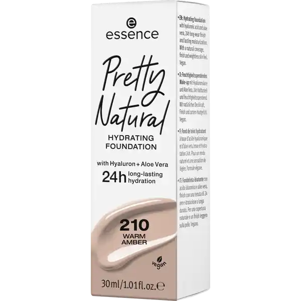 essence Pretty Natural hydrating foundation 210 Warm Amber: Цвет: Produktbeschreibung und details Von Beauty Addicts fr Beauty Addicts Diese Foundation ist der Geheimtipp fr einen ebenmigen natrlichen und gepflegten Teint  denn sie wurde gemeinsam mit essence Konsumentinnen entwickelt und ganz auf ihre Wnsche zugeschnitten Die federleichte langanhaltende Formel mit Hyaluronsure und Aloe Vera spendet ganze  Stunden Feuchtigkeit und kreiert ebenso lange ein wunderschnes natrlich mattes Finish  fr Perfektion all day long Dabei lsst sie dank ihrer mittleren Deckkraft Rtungen verschwinden sorgt fr einen ebenmigen Hautton und verschmilzt angenehm zart mit der Haut Erhltlich ist sie in  Shades  davon ziehen  bis  in die Beautyshelves ein die gesamte Range gibt es im Onlineshop Kontaktdaten cosnova GmbH Am Limespark  D Sulzbach am Taunus UrsprungslandHerkunftsort Italien Inhaltsstoffe AQUA WATER CYCLOPENTASILOXANE TALC TRIMETHYLSILOXYSILICATE PEG DIMETHICONE GLYCERIN CETYL PEGPPG DIMETHICONE ALOE BARBADENSIS LEAF JUICE TROPOLONE SODIUM HYALURONATE SODIUM CHLORIDE DISTEARDIMONIUM HECTORITE HYDROGEN DIMETHICONE SODIUM PHYTATE PROPYLENE CARBONATE ALUMINUM HYDROXIDE PHENOXYETHANOL SODIUM DEHYDROACETATE PARFUM FRAGRANCE CI  CI  CI  IRON OXIDES CI  TITANIUM DIOXIDE
https://www.rossmann.de/de/make-up-essence-pretty-natural-hydrating-foundation-210-warm-amber/p/4059729287564