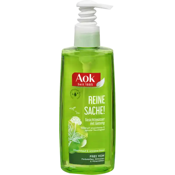 Aok Reine Sache! Gesichtswasser mit Ginseng: Цвет: Produktbeschreibung und details Aok REINE SACHE Gesichtswasser mit Ginseng Extrakt ist ideal bei zu Unreinheiten und vergrerten Poren neigender Haut Ginseng ist ein Schnheitsgeheimnis der Natur und bekannt fr seine vitalisierende Wirkung Der aus der Ginsengwurzel gewonnene Extrakt reguliert die Hautbalance pHhautneutral Hautvertrglichkeit dermatologisch getestet Kontaktdaten Labori International BV Minervum   ZP Breda The Netherlands wwwaokkosmetikde Anwendung und Gebrauch Tglich nach der Reinigung auf ein Wattepad geben und damit grozgig das Gesicht abtupfen Inhaltsstoffe Aqua  Dipropylene Glycol  Alcohol denat  Poloxamer   Panax Ginseng Root Extract  Panthenol  Chitosan Glycolate  Zinc Gluconate  Decanediol   Hydroxydecanoic Acid  Sebacic Acid  Pinus Sylvestris Bark Extract  Ribes Nigrum Leaf Extract  Parfum  Propylene Glycol  PEG  Hydrogenated Castor Oil  Trideceth  Linalool  Benzyl Alcohol  Citronellol  Geraniol
https://www.rossmann.de/de/pflege-und-duft-aok-reine-sache-gesichtswasser-mit-ginseng/p/8717524075293