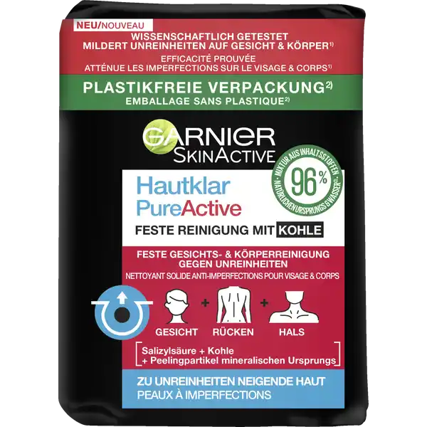 Garnier SkinActive Hautklar Pure Active Feste Reinigung mit Kohle: Цвет: Produktbeschreibung und details Garnier Hautklar Feste Reinigung mit Kohle ist speziell fr zu Unreinheiten neigende Haut konzipiert Durch ihre besondere Pflegerezeptur bestehend aus Kohle Salizylsure und Peelingpartikel mineralischen Ursprungs ist die Wirkung bereits nach einer Woche ersichtlich Die Seife ist fr die Ganzkrpernutzung konzipiert Schmutzpartikel auf Gesicht Hals und Rcken werden durch den sanften Peelingeffekt entfernt und die Poren geklrt Die Haut wirkt mattiert und ebenmig Garnier Hautklar Feste Reinigung mit Kohle besteht zu   aus Inhaltsstoffen natrlichen Ursprungs und hat eine plastikfreie Verpackung fr zu Unreinheiten neigende Haut feste Gesichts und Krperreinigung gegen Unreinheiten Gesicht Rcken Hals mit Salizylsure  Kohle  Peelingpartikel mineralischen Urspungs Kontaktdaten GARNIER  rue Royale  Paris FRANCE  TSA   ST OUEN CEDEX FR wwwgarnierde Anwendung und Gebrauch  Gesicht Rcken ampamp Hals mit Wasser ANFEUCHTEN  REINIGEN Die Seife an den gewnschten Stellen einmassieren Den Wasserhahn dabei abstellen  Grndlich mit Wasser ABSPLEN Inhaltsstoffe Sodium Palmate Sodium Cocoate Aqua  Water Glycerin Parfum  Fragrance Perlite Zinc Pca Sodium Chloride Sodium Hydroxide Charcoal Powder Tetrasodium Glutamate Diacetate Salicylic Acid FIL C Warnhinweise und wichtige Hinweise Warnhinweise Augenkontakt vermeiden Bei Augenkontakt diese sofort und grndlich aussplen
https://www.rossmann.de/de/pflege-und-duft-garnier-skinactive-hautklar-pure-active-feste-reinigung-mit-kohle/p/3600542405799