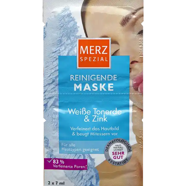 Merz Spezial Reinigende Maske: Цвет: Produktbeschreibung und details Merz Spezial Reinigende Maske verfeinert das Hautbild und beugt Unreinheiten wie Pickeln und Mitessern vor Mineralstoffreiche weie Tonerde klrt die Haut indem sie abgestorbene Hautzellen lst und berschssiges Fett absorbiert Zink und Bisabolol beruhigen dabei die Haut nachhaltig Sie erscheint feinporiger und sprbar geschmeidiger bermiger Hautglanz wird sichtbar reduziert Kontaktdaten Merz Consumer Care GmbH Postfach     Frankfurt wwwmerzspezialde Anwendung und Gebrauch Die Maske  mal wchentlich bei trockener Haut  mal wchentlich gleichmig auf das gereinigte Gesicht Hals und Dekollet auftragen Augen und Mundpartie aussparen Bis zu  Minuten einwirken lassen und anschlieend mit warmem Wasser sanft abwaschen Inhaltsstoffe AQUA KAOLIN ALUMINIUM STARCH OCTENYLSUCCINATE GLYCERIN BUTYLENE GLYCOL DECYL OLEATE CETEARYLALCOHOL CETYL RICINOLEATE ZINC OXIDE PENTAERYTHRITYL DISTEARATE CAPRYLICCAPRIC TRIGLYCERIDE TITANIUM DIOXIDE TOCOPHEROL BISABOLOL SODIUM HYALURONATE WHEY PROTEIN CARBOMER HYDROGENATED PALM GLYCERIDES CITRATE SODIUM CARBOXYMETHYL STARCH PHENOXYETHANOLETHYLHEXYLGLYCERIN SODIUM HYDROXIDE DISODIUM EDTA
https://www.rossmann.de/de/pflege-und-duft-merz-spezial-reinigende-maske/p/4008491129473