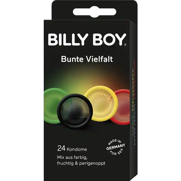 BILLY BOY Kondome Bunte Vielfalt: Цвет: Produktbeschreibung und details mehr Abwechslung mit farbigen fruchtigen ampamp perlgenoppten Kondomen mit Gleitfilm dermatologisch getestet hergestellt in Deutschland jedes Kondom einzeln elektronisch geprft Breite des flachliegenden Kondoms ca  mm  Kondome hergestellt aus Naturkautschuklatex mit Feuchtfilm und Reservoir  jeweils  rote grne orange und schwarze alle glatt zylindrisch   perlgenoppte Kondome ca  mm Wandstrke transparent zylindrisch   transparente extra feuchte Kondome glatt zylindrisch   rote Kondome mit ErdbeerAroma glatt zylindrisch   orangefarbene Kondome mit OrangenAroma glatt zylindrisch UrsprungslandHerkunftsort Deutschland Warnhinweise und wichtige Hinweise Warnhinweise Bitte lesen Sie die beiliegende Gebrauchsanleitung sorgfltig insbesondere bei analer Verwendung der Kondome Kein Verhtungsmittel kann zu  den Schutz vor Schwangerschaft oder Infektionskrankheiten garantieren Kondome nie zusammen mit l oder fetthaltigen Gleitmitteln verwenden Konformittserklrung Konformittserklrung Laden Sie das Dokument zum Produkt als PDF herunter
https://www.rossmann.de/de/gesundheit-billy-boy-kondome-bunte-vielfalt/p/4008600226376