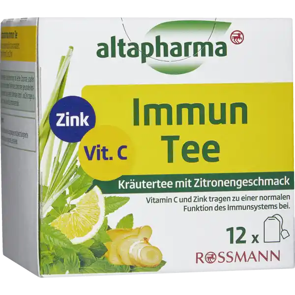 altapharma Immun Tee: Цвет: https://www.rossmann.de/de/gesundheit-altapharma-immun-tee/p/4305615754697
Produktbeschreibung und details Der altapharma Immun Tee untersttzt durch Vitamin C und Zink das natrliche Schutzbild des Krpers vor zahlreichen Umwelteinflssen Damit das Immunsystem auch bei hoher Beanspruchung leistungsfhig bleibt bentigt der Krper Zink und Vitamin C wleche zu einer normalen Funktion des Immunsystems beitragen Ingwer rundet als wrmende Komponente den Tee ab Die elrsene Kruterteemischung mit leichter Zitrusnote scharfem Ingwer und erfrischender Pfefferminze bietet wohltuenden Genuss fr jede Jahreszeit Beutel einzeln aromaversiegelt Krutertee mit Ingwer und ZitronenGeschmack Lebensmittelunternehmer Name Dirk Rossmann GmbH Adresse Isernhgener Str   Burgwedel wwwrossmannde UrsprungslandHerkunftsort Hergestellt in Deutschland mit Ingwer und Zitronenschalen aus NichtEU Vitamin C und Zink aus EUNichtEu Rechtlich vorgeschriebene Produktbezeichnung Natrlich aromatisierter Krutertee mit Vitamin C und Zink zur Untersttzung des Immunsystems Zutaten  Zitronengras  Zitronenverbene Pfefferminze Orangenschalen  Ingwer Vitamin C Zinkgluconat natrliches Aroma  Zitronenschalen Nhrwerte Durchschnittliche Nhrwertangaben pro  ml pro  Portion pro Aufgussbeutel ml Wasser Energie  kj   kcal  kj   kcal Fett  g  g davon  gesttigte Fettsuren  g  g Kohlenhydrate  g  g davon  Zucker amplt  g amplt  g Eiwei  g  g Salz  g  g NRV NRV Zink  mg    mg   Vitamin C  mg    mg   Anwendung und Gebrauch Wir empfehlen  Tassen tglich ber den Tag verteilt zu trinken Personen unter  Jahren sollten aufgrund der ZinkSupplementierung nicht mehr als  Tasse tglich trinken Gebrauch Aufbewahrung und Verwendung Aufbewahrungs und Verwendungsbedingungen Vor Licht und Feuchtigkeit geschtzt aufbewahren Zubereitung Immer mit sprudelnd kochendem Wasser aufgieen und mindestens  Minuten ziehen lassen Nur so erhalten Sie ein sicheres Lebensmittel Nehmen Sie  Aufgussbeutel Immun Tee pro Tasse  ca  ml Wasser  und entfernen Sie ihn nach der angegebenen Brhzeit Warnhinweise und wichtige Hinweise Warnhinweise Bitte achten Sie auf eine abwechslungsreiche ausgewogene Ernhrung und eine gesunde Lebensweise