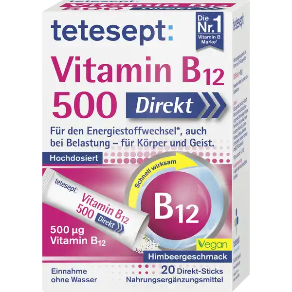 tetesept Vitamin B12 Sticks 500µg: Цвет: https://www.rossmann.de/de/gesundheit-tetesept-vitamin-b12-sticks-500g/p/4008491102995
Produktbeschreibung und details bermige krperliche und geistige Belastung durch vollen Einsatz in Alltag oder Beruf kann zu einem erhhten Bedarf an Nhrstoffen fhren Eine ausreichende Versorgung mit Vitamin B ist jetzt wichtig tetesept Vitamin B  Direkt Sticks enthalten hochdosiertes Vitamin B das den Energiestoffwechsel in Stressphasen untersttzen kann und der Verringerung von Mdigkeit und Erschpfung dient  fr Krper und Geist tetesept Vitamin B  Direkt Sticks enthalten hochdosiertes Vitamin B als MicroGranulat das besonders leicht einzunehmen ist So ist es schnell verfgbar und wirksam Besonders praktisch fr unterwegs und bei akutem Bedarf  Vitamin B trgt bei zu einem normalen Energiestoffwechsel zur Verringerung von Mdigkeit und Erschpfung zu einer normalen Funktion des Nervensystems zu einer normalen Funktion des Immunsystems Einfach den Portionsbeutel aufreien und das MicroGranulat auf die Zunge geben Es lst sich innerhalb weniger Sekunden auf ganz ohne Wasser Mit leckerem Himbeergeschmack Vitamin B ist auch bei veganer und vegetarischer Ernhrung besonders wichtig Lebensmittelunternehmer Name Merz Consumer Care GmbH Adresse Eckenheimer Landstrae   Frankfurt am Main wwwteteseptde UrsprungslandHerkunftsort Deutschland Rechtlich vorgeschriebene Produktbezeichnung Nahrungsergnzungsmittel mit Vitamin B Mit Sungsmitteln Zutaten Sungsmittel Sorbitol Fllstoff Mikrokristalline Cellulose Suerungsmittel Citronensure Anhydrat Trennmittel Calciumsilikat Cyanocobalamin Vitamin B Aroma Himbeere Erdbeere Schwarze Johannisbeere Farbstoff AmmoniumSULFITZuckerkulr Nhrwerte Durchschnittliche Nhrwertangaben pro  Portion Tagesdosis Tagesdosis Referenzwert Anteil der Referenzwerte fr die tgliche Zufuhr gem Europischer Lebensmittelinformationsverordnung LMIV NRV  Nutrient Reference Value NRV Vitamin B  g   Anwendung und Gebrauch Verzehrsempfehlung  x tglich den Inhalt eines Sticks verzehren Gebrauch Aufbewahrung und Verwendung Aufbewahrungs und Verwendungsbedingungen Trocken lagern vor Hitze und direkter Lichteinstrahlung schtzen Fr kleine Kinder unzugnglich aufbewahren Warnhinweise und wichtige Hinweise Warnhinweise Die empfohlene tgliche Verzehrsmenge darf nicht berschritten werden Nahrungsergnzungsmittel sind kein Ersatz fr eine abwechslungsreiche und ausgewogene Ernhrung die zusammen mit einer gesunden Lebensweise von Bedeutung ist Fr kleine Kinder unzugnglich aufbewahren