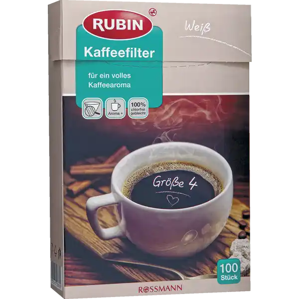RUBIN Kaffeefilter wei Gr: Цвет: https://www.rossmann.de/de/haushalt-rubin-kaffeefilter-weiss-gr-4/p/4305615503622
Produktbeschreibung und details  chlorfrei gebleicht sicher durch stabile doppelte Prgenaht besonders reifest  Kaffeearoma durch feinporiges Qualittspapier benutztes Filterpapier kann mit Inhalt kompostiert werden Kontaktdaten Dirk Rossmann GmbH Isernhgener Strae   Burgwedel wwwrossmannde UrsprungslandHerkunftsort Deutschland