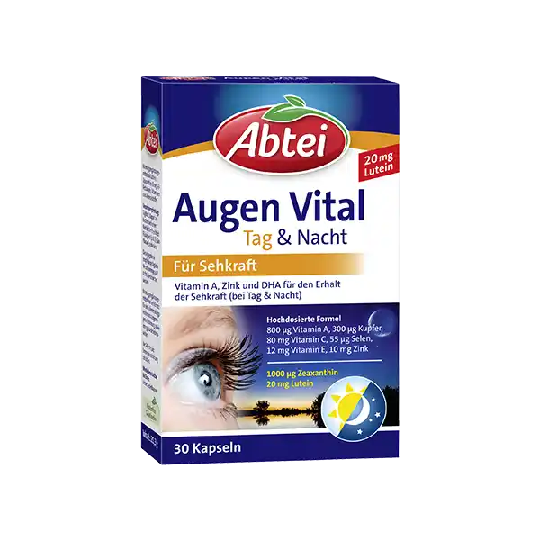 Abtei Augen Vital: Цвет: https://www.rossmann.de/de/gesundheit-abtei-augen-vital/p/4250752201057
Produktbeschreibung und details Abtei Augen Vital Tag ampamp Nacht enthlt bestimmte Nhrstoffe die der Krper nicht alle selber bilden kann ua Vitamin A das fr Sehprozesse wie das Hell und DunkelSehen unentbehrlich ist Lutein und Zeaxanthin kommen in hoher Konzentration im Augenbereich des schrfsten Sehens vor Lebensmittelunternehmer Name ABTEI OP Pharma GmbH Adresse Abtei  D   Marienmnster wwwabteide UrsprungslandHerkunftsort Deutschland Rechtlich vorgeschriebene Produktbezeichnung Nahrungsergnzungsmittel mit Lutein Zeaxanthin OmegaFettsuren Vitaminen und Mineralstoffen Zutaten Gelatine CalciumLascorbat pflanzliches l Distel Sonnenblumen OmegaKonzentrat gewonnen aus FISCHL  SOJAL Feuchthaltemittel Glycerin Verdickungsmittel Bienenwachs weiss und gelb Lutein Zeaxanthin Vitamin E Zinkoxid Vitamin A Vitamin B Kupfersulfat Natriumselenit Emulgator SOJALECITHINE Farbstoff Eisenoxide und Eisenhydroxide Nhrwerte Durchschnittliche Nhrwertangaben pro  Portion  Stck NRV Zink  mg   Kupfer  g   Selen  g   Vitamin A  g   Vitamin E  mg   Vitamin C  mg   Vitamin B Riboflavin  mg   Anwendung und Gebrauch Tglich  Kapsel am besten nach einer Mahlzeit mit reichlich Flssigkeit zB  Glas Wasser schlucken Gebrauch Aufbewahrung und Verwendung Aufbewahrungs und Verwendungsbedingungen Vor Wrme und Sonneneinstrahlung schtzen Warnhinweise und wichtige Hinweise Warnhinweise Die angegebene empfohlene tgliche Verzehrsmenge darf nicht berschritten werdenSchwangere Frauen sollten aufgrund des Vitamin AGehaltes vor Beginn des Verzehrs ihren Arzt befragenNahrungsergnzungsmittel sind kein Ersatz fr eine abwechslungsreiche und ausgewogene Ernhrung sowie eine gesunde Lebensweise