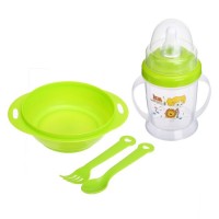 Набор детской посуды, 4 предмета: миска 200 мл, бутылочка для кормления 180 мл, ложка, вилка, цвета МИКС: 