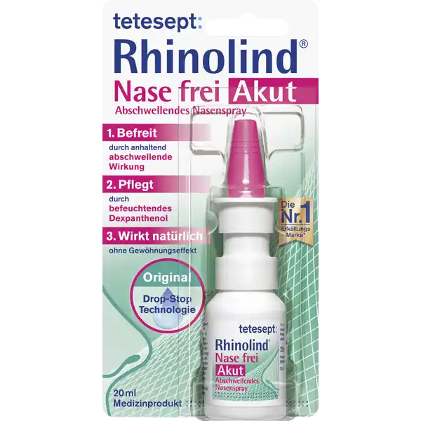 tetesept Rhinolind® Nase frei Akut Abschwellendes Nasenspray: Цвет: Produktbeschreibung und details Rhinolind Nase frei Akut Abschwellendes Nasenspray befreit und pflegt die verstopfte und wunde Nase bei Schnupfen Die Lsung mit erhhtem Salzgehalt bewirkt ein natrliches Abschwellen der Nasenschleimhaut und befreit so die Nase ohne dabei die Schleimhaut anzugreifen oder auszutrocknen Gleichzeitig sorgt Dexpanthenol fr eine nachhaltige Pflege und Befeuchtung der durch den Schnupfen geschdigten Nasenschleimhaut Typische Schnupfenbeschwerden werden dadurch gelindert Dank der innovativen Gelbildenden Eigenschaft der DropStop Technologie wird das Auslaufen aus der Nase zustzlich reduziert Auf Grund der natrlichen Inhaltsstoffe stellt sich auch bei hufigem Gebrauch kein Gewhnungseffekt ein Rhinolind Nase frei Aktu Abschwellendes Nasenspray  Befreiung und Pflege der verstopften und wunden Nase bei Schnupfen befreit durch anhaltend abschwellende Wirkung pflegt durch befeuchtendes Dexpanthenol wirkt natrlich ohne Gewhnungseffekt original DropStop Technologie ohne Treibgas langfristige Anwendung ohne Gewhnungseffekt Kontaktdaten tetesept pharma gmbh  Frankfurt wwwteteseptde UrsprungslandHerkunftsort Deutschland Anwendung und Gebrauch Erwachsene und Kinder ab  Jahren wenden je nach Bedarf mehrmals tglich jeweils  Sprhste an Bei Gebrauch die Flasche mglichst senkrecht halten Zur tglichen Anwendung geeignet Bei Bedarf kann tetesept Rhinolid Nase frei Abschwellendes Nasenspray auch ber einen lngeren Zeitraum angewendet werden Wenn nach  Tagen keine Besserung der nasalen Beschwerden eingetreten ist sollten Sie Ihren Arzt oder Apotheker befragen Inhaltsstoffe Enthlt hypertone Salzlsung mit Dexpanthenol und Aromen Enthlt Eucalyptus und Pfefferminzl Propylenglykol Kaliumsorbat und Natriumbenzoat
https://www.rossmann.de/de/gesundheit-tetesept-rhinolind-nase-frei-akut-abschwellendes-nasenspray/p/4008491116121