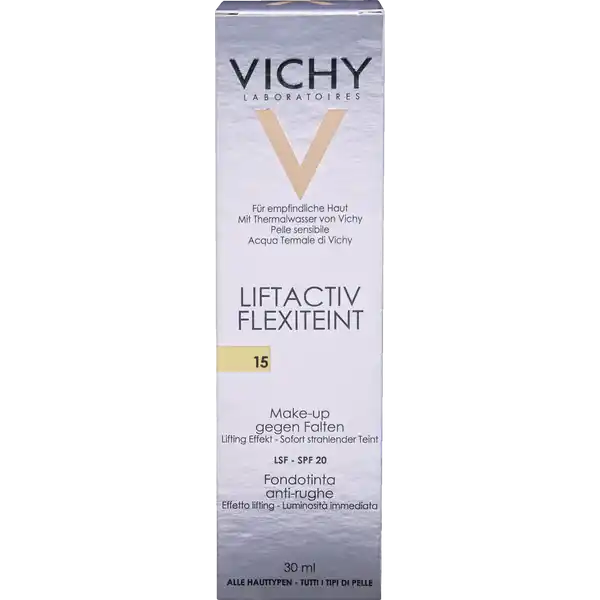 VICHY LIFTACTIV FLEXITEINT Make-up 15 opal: Цвет: Produktbeschreibung und details Das AntiFaltenMakeup mit straffender SilikonTextur sorgt fr einen sofortigen LiftingEffekt und einen strahlenden Teint  ohne unerwnschten MaskenEffekt Dank ihrer elastischen Eigenschaften mildert die straffende SilikonTextur Falten und passt sich der natrlichen Mimik Ihres Gesichts an Unebenheiten werden geglttet der Teint wirkt ebenmig und strahlend  den ganzen Tag Die mit Collagyl angereicherte Pflegeformel enthlt drei hocheffiziente AntiFaltenWirkstoffe von Vichy Es wirkt allen Ursachen vorzeitiger Hautalterung entgegen und hilft Falten schon nach einem Monat zu mildern fr alle Hauttypen mit hautstraffender Wirkung speziell bei Falten Fltchen und mdem Teint verhilft zu einem frischen und strahlenden Aussehen an empfindlicher Haut getestet Vertrglichkeit dermatologisch getestet ohne Alkohol LSF  Kontaktdaten VICHY CAICAF  Vichy France TSA   ST OUEN CEDEX FR wwwvichycom UrsprungslandHerkunftsort Frankreich Anwendung und Gebrauch  Vorbereiten Die Haut reinigen und die gewohnte Feuchtigkeitspflege vor der Verwendung des Makeup auf die Haut auftragen  Auftragen Das Makeup mit den Fingerspitzen oder einem Schwmmchen durch tupfende Bewegungen von der Gesichtsmitte nach auen verteilen Besonders an den Konturen Halt Ohren Haaransatz das Produkt sorgfltig einklopfen um Rnder zu vermeiden Inhaltsstoffe AQUA  WATER  DIMETHICONE  PHENYL TRIMETHICONE  ETHYLHEXYL METHOXYCINNAMATE  CYCLOHEXASILOXANE  PROPANEDIOL  BUTYLENE GLYCOL  ALCOHOL DENAT  CETYL PEGPPG DIMETHICONE  SYNTHETIC FLUORPHLOGOPITE  POLYGLYCERYL ISOSTEARATE  PENTYLENE GLYCOL  PEG GLYCERYL STEARATE  PEGPPG DIMETHICONE  COPERNICIA CERIFERA CERA  CARNAUBA WAX  PARFUM  FRAGRANCE  CELLULOSE GUM  RHAMNOSE  ALUMINUM HYDROXIDE  PHENOXYETHANOL  MAGNESIUM SULFATE  ADENOSINE  DISODIUM STEAROYL GLUTAMATE  HYDROLYZED SOY PROTEIN  ACRYLATES COPOLYMER  MAY CONTAIN CI   TITANIUM DIOXIDE  CI   BISMUTH OXYCHLORIDE  CI  CI  CI   IRON OXIDES
https://www.rossmann.de/de/make-up-vichy-liftactiv-flexiteint-make-up-15-opal/p/3337871321543