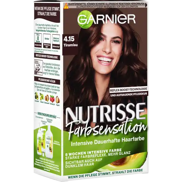 Garnier Nutrisse Farbsensation 4.15 Tiramisu: Цвет: Produktbeschreibung und details Die Garnier Nutrisse Farbsensation intensive Haarfarbe in  Tiramisu ist eine dauerhafte Coloration Die einzigartige Kombination aus Farbstoffen dringt tief in die Haarfaser ein und lsst die Haare gepflegt und strahlend wirken Darber hinaus ist die langanhaltende Haarfarbe leicht anzuwenden Die ColorationsCreme lsst sich einfach und gleichmig im Haar verteilen und tropft nicht Die nhrende FarbschutzPflegekur der Coloration enthlt fnf hochwertige le aus der Avocado Olive Sheanuss Argan und Cranberry Dank der pflegenden Eigenschaften verbessert die nhrende Kur die sichtbare Haarqualitt Die Haarfarbe schenkt ein sanftes Tiramisu mit unvergleichlich schnen Farbreflexen UrsprungslandHerkunftsort Belgien Anwendung und Gebrauch Kleidung mit einem alten Handtuch abdecken Einweghandschuhe anziehen und die Farbe in der beiliegenden Kleidung mit einem alten Handtuch abdecken Einweghandschuhe anziehen und die Farbe in der beiliegenden Kleidung mit einem alten Handtuch abdecken Einweghandschuhe anziehen und die Farbe in der beiliegenden Flasche entsprechend der Gebrauchsanweisung mischenDie fertige Mischung nun direkt auf das trockene Haar entlang des Scheitels auftragen und mit Fingern vom Ansatz aus verteilenDie Farbe einwirken lassen und anschlieend mit warmem Wasser aussplenDie Pflegekur einmassieren und nach  Minuten wieder aussplen Gebrauch Aufbewahrung und Verwendung Aufbewahrungs und Verwendungsbedingungen Khl und trocken lagern Inhaltsstoffe quot  ColorationsCreme  INGREDIENTS AQUA WATER  CETEARYL ALCOHOL  PROPYLENE GLYCOL  DECETH  LAURETH  AMMONIUM HYDROXIDE  OLETH  LAURIC ACID  HEXADIMETHRINE CHLORIDE  GLYCOL DISTEARATE  POLYQUATERNIUM ETHANOLAMINE  SILICA DIMETHYL SILYLATE NANO  SILICA DIMETHYL SILYLATE  CI   TITANIUM DIOXIDE DIAMINOPHENOXYETHANOL HCl  mAMINOPHENOL  pAMINOPHENOL  AMINOHYDROXYTOLUENE ASCORBIC ACID  TOCOPHEROL  SODIUM METABISULFITE  HYDROXYINDOLE  THIOGLYCERIN TOLUENEDIAMINE  HELIANTHUS ANNUUS SEED OIL  SUNFLOWER SEED OIL  METHYLRESORCINOL DIMETHICONE  CARBOMER  RESORCINOL  ROSMARINUS OFFICINALIS ROSEMARY EXTRACT  EDTA  VITISVINIFERA SEED OIL  GRAPE SEED OIL  PARFUM  FRAGRANCE FIL Cquotquot  Entwicklermilch  INGREDIENTS AQUA  WATER  HYDROGEN PEROXIDE  CETEARYL ALCOHOL  TRIDECETH CARBOXAMIDE MEA CETEARETH  GLYCERIN  TETRASODIUM ETIDRONATE  TETRASODIUM PYROPHOSPHATE SODIUM SALICYLATE  PHOSPHORIC ACID  PARFUM  FRAGRANCE FIL Cquotquot E  PflegekurCreme  INGREDIENTS AQUA  WATER  CETEARYL ALCOHOL  DIMETHICONE  GLYCERIN  BEHENTRIMONIUM CHLORIDE  OLEA EUROPAEA FRUIT OIL  OLIVE FRUIT OIL  ARGANIA SPINOSA KERNEL OIL  VACCINIUMMACROCARPON CRANBERRY SEED OIL  HELIANTHUS ANNUUS SEED OIL  SUNFLOWER SEED OIL ROSMARINUS OFFICINALIS LEAF EXTRACT  ROSEMARY LEAF EXTRACT  PERSEA GRATISSIMA OIL AVOCADO OIL  BUTYROSPERMUM PARKII BUTTER  SHEA BUTTER  AMODIMETHICONE  ISOPROPYLALCOHOL  CAPRYLYL GLYCOL  CITRIC ACID  LACTIC ACID  TOCOPHEROL  SODIUM BENZOATE CETRIMONIUM CHLORIDE  LINALOOL  BENZYL ALCOHOL  PARFUM  FRAGRANCE FIL Cquot Warnhinweise und wichtige Hinweise Warnhinweise ACHTUNG Haarfrbemittel knnen schwere allergische Reaktion hervorrufen Bitte folgende Hinweise lesen und beachten Dieses Produkt ist nicht fr Personen unter  Jahren bestimmt Temporre Ttowierungen mit quotschwarzem Hennaquot knnen das Allergierisiko erhhen Frben Sie Ihre Haare nicht wenn Sie einen Ausschlag im Gesicht haben oder wenn Ihre Kopfhaut empfindlich gereizt oder verletzt ist wenn Sie schon einmal nach dem Frben Ihres Haares eine Reaktion festgestellt haben wenn eine temporre Ttowierungen mit quotschwarzem Hennaquotbei Ihnen schon einmal eine Reaktion verursacht hat Es ist erforderlich einen Hautvertrglichkeitstest unbedingt  Stunden vor jeder Anwendung des Produktes durchzufhren siehe Gebrauchsanweisung Denken Sie deshalb daran das Produkt rechtzeitig zu kaufen um  Stunden vor der Anwendung den Allergieverdachtstest durchzufhren Entwickler enthlt Wasserstoffperoxid Colorationsprodukt enthlt Phenylendiamine Toluylendiamine Resorcin Ammoniak Kontakt mit den Augen vermeiden Nicht zur Frbung von Wimpern ampamp Augenbrauen verwenden Sofort Augen splen falls das Erzeugnis mit den Augen in Berhrung gekommen ist Geeignete Handschuhe tragen diese liegen der Packung bei Nach Anwendung die Haare gut splen Dieses Produkt frhestens  Tage nach einer Entkruselung Dauerwelle oder einer lang anhaltenden Glttung anwenden Nicht anwenden wenn Ihre Haare mit Henna gefrbt oder mit einem Produkt behandelt wurden das schrittweise zur Naturhaarfarbe zurckfhrt Darf nicht in die Hnde von Kindern gelangen Bei der Anwendung bitte Gebrauchsanweisung befolgen
https://www.rossmann.de/de/pflege-und-duft-garnier-nutrisse-farbsensation-415-tiramisu/p/3600541043015