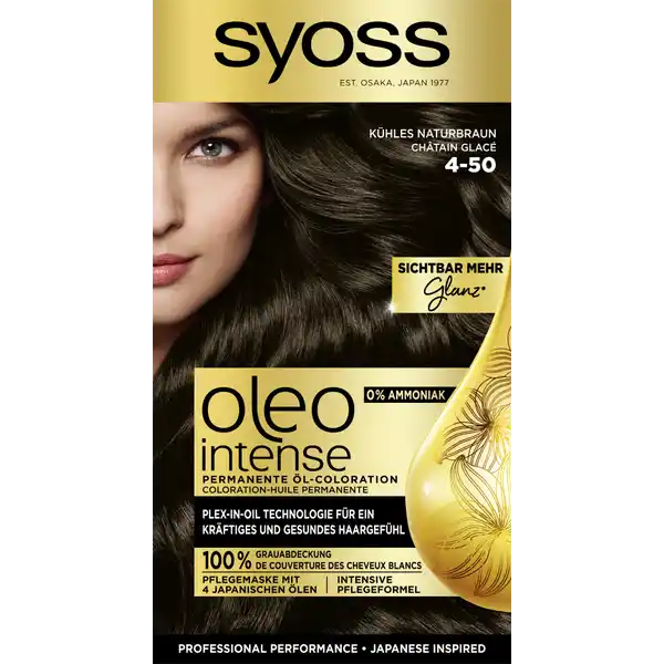 Syoss Professional Performance Oleo Intense Permanente lColoration  Khles Naturbraun: Цвет: Produktbeschreibung und details Braun ist pure Eleganz Seidig glnzend kraftvoll  Brauntne von Syoss betonen die Vitalitt des Haares Hier sind es feine BraunNuancen die den besonderen Glow verstrken wie SchokoBraun EspressoBraun oder Sweet Brunette Mit pflegender Formel und intensiver Farbleuchtkraft berzeugt etwa die Syoss Oleo Intense lColoration Wer sein Braun nur schnell auffrischen mchte whlt das AnsatzKit mit nhrendem l Entdecken Sie Ihre Mglichkeiten Schenken Sie ihrem Haar ein khles und facettenreiches Braun mit pflegendem l ohne Ammoniak intensive Pflege und Farbhaltbarkeit professionelle Grauabdeckung permanente Coloration gesund aussehendes krftiges Haar Inhalt  Tube ColorPflegeCreme  ml  Anwendungsflasche mit Entwicklerlotion  ml  Sachet reichhaltige Pflegemaske mit l  ml  Gebrauchsanweisung  Paar Handschuhe Kontaktdaten Schwarzkopf ampamp Henkel GmbH D Dsseldorf wwwsyossde     Anwendung und Gebrauch Bitte Gebrauchsanweisung beachten Inhaltsstoffe ColorPflegeCreme Aqua Water Eau Cetearyl Alcohol Ethanolamine Coconut Alcohol Sodium Laureth Carboxylate Sodium Myreth Sulfate TolueneDiamine Sulfate Glycine BisDiisopropanolaminoPGPropyl DimethiconeBisIsobutyl PEG Copolymer Acrylamidopropyltrimonium ChlorideAcrylates Copolymer CocoGlucoside Paraffinum Liquidum Mineral Oil Huile Minrale Glyceryl Oleate Ceteareth Ceteareth Potassium Hydroxide Parfum Fragrance Sodium Sulfite Resorcinol Sodium Silicate Etidronic Acid Ascorbic Acid Sodium Chloride mAminophenol Butyloctanol AminoHydroxyethylaminoanisole Sulfate Citric Acid Polysorbate  Phenoxyethanol Citronellol Lactic Acid Benzyl Alcohol AlphaIsomethyl Ionone Sodium Benzoate Methylparaben Ethylparaben Entwicklerlotion Aqua Water Eau Paraffinum Liquidum Mineral Oil Huile Minrale Hydrogen Peroxide Cetearyl Alcohol PEG Castor Oil Sodium Cetearyl Sulfate Etidronic Acid Potassium Hydroxide Dicarboxypyridine Disodium Pyrophosphate Sodium Benzoate Sodium Sulfate Reichhaltiger Conditioner mit l Aqua Water Eau Cetearyl Alcohol Quaternium Propylene Glycol Prunus Armeniaca Apricot Kernel Oil Argania Spinosa Kernel Oil Panthenol Isopropyl Myristate Distearoylethyl Hydroxyethylmonium Methosulfate Citric Acid Phenoxyethanol Stearamidopropyl Dimethylamine Polyquaternium Ceteareth Glyceryl Stearate Sodium Methylparaben Dicaprylyl Carbonate Parfum Fragrance Hexyl Cinnamal Benzyl Salicylate Linalool Lauryl Glucoside Benzyl Alcohol Limonene Warnhinweise und wichtige Hinweise Warnhinweise Haarfrbemittel knnen schwere allergische Reaktionen hervorrufen Bitte folgende Hinweise lesen und beachten Dieses Produkt ist nicht fr Personen unter  Jahren bestimmt Temporre Ttowierungen mit schwarzem Henna knnen das Allergierisiko erhhen Frben Sie Ihr Haar nicht  wenn Sie einen Ausschlag im Gesicht haben oder wenn Ihre Kopfhaut empfindlich gereizt oder verletzt ist  wenn Sie schon einmal nach dem Frben Ihrer Haare eine Reaktion festgestellt haben  wenn eine temporre Ttowierung mit schwarzem Henna bei Ihnen schon einmal eine Reaktion verursacht hat Enthlt Wasserstoffperoxid Phenylendiamine Toluylendiamine und Resorcin Vollstndige Inhaltsstoffdeklaration siehe Packungsboden Kontakt mit den Augen vermeiden Sofort Augen splen falls das Erzeugnis mit den Augen in Berhrung gekommen ist Nicht zur Frbung von Wimpern und Augenbrauen verwenden Nach Anwendung die Haare gut splen Geeignete Handschuhe tragen Fhren Sie einen Allergieverdachtstest  Stunden vor jeder Anwendung einer Haarcoloration durch siehe Gebrauchsanweisung auch wenn Sie schon frher Haarcolorationen angewendet haben Daher denken Sie bitte daran das Produkt  Stunden vor der Anwendung zu kaufen Falls hierbei eine Hautunvertrglichkeit auftritt oder Zweifel bestehen fragen Sie bitte einen Hautarzt bevor Sie eine Haarcoloration anwenden Darf nicht in die Hnde von Kindern gelangen
https://www.rossmann.de/de/pflege-und-duft-syoss-professional-performance-oleo-intense-permanente-oel-coloration-4-50-kuehles-naturbraun/p/4015100311013