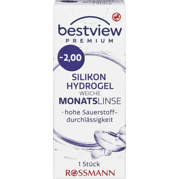 BestView Premium weiche Monatslinse Silikon Hydrogel -2.00: Цвет: https://www.rossmann.de/de/gesundheit-bestview-premium-weiche-monatslinse-silikon-hydrogel--200/p/9555650138531
Produktbeschreibung und details Die weiche bestview Premium Monatslinse wurde klinisch getestet und ist von sehr hoher Qualitt Durch das besonders weiche und sauerstoffdurchlssige Material der Premium Monatslinse wird kaum Eigengewhnungszeit bentigt Die Linse wurde fr den tglichen Gebrauch entwickelt und dient zum monatlichen Austausch Die Kanten der Monatslinse wurden speziell fr einen hohen Tragekomfort entwickelt hohe Sauerstoffdurchlssigkeit  Stck Kontaktdaten Dirk Rossmann GmbH Isernhgener Strae   Burgwedel wwwrossmannde Inhaltsstoffe Enthlt eine weiche sterile Kontaktlinse mit  Wasser und  Olifilcon A in einer gepufferten Kochsalzlsung Warnhinweise und wichtige Hinweise Warnhinweise Nicht verwenden bei beschdigter Linsenverpackung Gehen Sie mit Ihren Linsen bitte regelmig zu einer augenrztlichen Kontrolle Folgen Sie den Anweisungen Ihres Kontaktlinsenanpassers Schlafen Sie nicht mit eingesetzter Linse Das Tragen von Kontaktlinsen kann eine Sonnenbrille nicht ersetzen Bitte beachten Sie die beiliegende Gebrauchsinformation