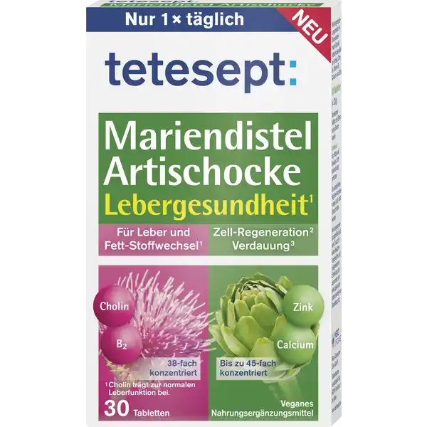 tetesept Mariendistel Artischocke Tabletten: Цвет: https://www.rossmann.de/de/gesundheit-tetesept-mariendistel-artischocke-tabletten/p/4008491105965
Produktbeschreibung und details Die Leber nimmt eine wichtige Funktion im Stoffwechselprozess ein sie entgiftet den Krper spielt eine zentrale Rolle beim Fettstoffwechsel und der Verdauung Im Alltag ist sie vielfltigen Belastungen durch fettreiche Speisen Alkohol Medikamente sowie Stress ausgesetzt tetesept Mariendistel Artischocke enthlt einen Multi Komplex mit natrlichen hochkonzentrierten Extrakten aus Mariendistel und Artischocke sowie stoffwechsel wirksamen Nhrstoffen Cholin Vitamin B Zink und CalciumMit nur  Tablette am Tag kann die Lebergesundheit dank Cholin untersttzt werden Cholin trgt zur Erhaltung einer normalen Leberfunktion und zu einem normalen Fettstoffwechsel bei Zink hat eine Funktion bei der Zellteilung Die Zellteilung ist der wichtigste Prozess bei der ZellRegeneration Calcium trgt zur normalen Funktion von Verdauungsenzymen bei Vitamin B trgt zur Erhaltung normaler Schleimhute bei Die Darmschleimhaut ist die grte menschliche Schleimhaut Lebensmittelunternehmer Name Merz Consumer Care GmbH Adresse Eckenheimer Landstrae   Frankfurt am Main wwwteteseptde Rechtlich vorgeschriebene Produktbezeichnung Nahrungsergnzungsmittel mit MariendistelfruchtExtrakt ArtischockenbltterExtrakt Cholin Vitamin B Calcium und Zink Zutaten Calciumcarbonat Fllstoff Mikrokristalline Cellulose LCholinbitartrat  MariendistelfruchtExtrakt   ArtischockenbltterExtrakt   Trennmittel Siliciumdioxid Maltodextrin Trennmittel Talkum Magnesiumsalze der Speisefettsuren berzugsmittel Polyvinylalkohol Zinkoxid Farbstoff Eisenoxid gelb berzugsmittel Hydroxypropylcellulose Feuchthaltemittel Glycerin Riboflavin Vitamin B Farbstoffe Eisenoxid schwarz Brilliantblau Indigokarmin Nhrwerte Durchschnittliche Nhrwertangaben pro  Portion  Tablette Tagesdosis Referenzwert Anteil der Referenzwerte fr die tgliche Zufuhr gem Europischer Lebensmittelinformationsverordnung LMIV NRV  Nutrient Reference Value NRV Calcium  mg   Zink  mg   Vitamin B Riboflavin  mg   Anwendung und Gebrauch x tglich  Tablette mit Flssigkeit verzehren Gebrauch Aufbewahrung und Verwendung Aufbewahrungs und Verwendungsbedingungen Vor Hitze und direkter Lichteinstrahlung schtzen Fr kleine Kinder unzugnglich aufbewahren Warnhinweise und wichtige Hinweise Warnhinweise Die empfohlene tgliche Verzehrsmenge darf nicht berschritten werden Nahrungsergnzungsmittel sind kein Ersatz fr eine abwechslungsreiche und ausgewogene Ernhrung die zusammen mit einer gesunden Lebensweise von Bedeutung ist Fr Erwachsene