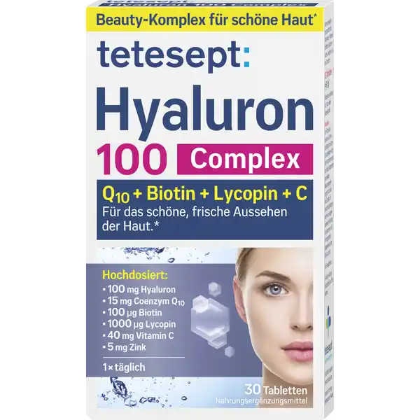 tetesept Hyaluron 100 Complex: Цвет: https://www.rossmann.de/de/gesundheit-tetesept-hyaluron-100-complex/p/4008491104142
Produktbeschreibung und details tetesept Hyaluron  Complex mit seiner hautaktiven Kombination aus konzentriertem Hyaluron mit u a hochdosiertem Biotin Vitamin C und Zink trgt bei zur normalen Kollagenbildung fr eine normale Funktion der Haut dank Vitamin C zur normalen Proteinsynthese dank Zink Kollagen ist ein wichtiges Protein der Haut das fr ein glattes Erscheinungsbild verantwortlich ist die Zellen vor oxidativem Stress zu schtzen dank Zink und Vitamin C zur Erhaltung normaler Haut dank Biotin Darber hinaus enthlt tetesept Hyaluron  Complex bekannte Stoffe aus der Hautforschung Hyaluronsure ist eine krpereigene Substanz die zB in der Haut vorkommt Sie kann groe Mengen an Wasser binden Mit zunehmendem Alter nimmt die krpereigene Produktion ab Coenzym Q ist eine krpereigene Substanz die ua in den Mitochondrien der Krperzellen vorkommt In den Mitochondrien findet die Zellatmung statt Lycopin ist ein Carotinoid ua aus der Tomate das dort die Zellen oxidativ schtzt Lebensmittelunternehmer Name Merz Consumer Care GmbH Adresse Eckenheimer Landstrae   Frankfurt am Main wwwteteseptde UrsprungslandHerkunftsort Deutschland Rechtlich vorgeschriebene Produktbezeichnung Nahrungsergnzungsmittel mit Vitaminen Mineralstoffen Hyaluronsure Coenzym Q und Lycopin Zutaten Natriumsalz der Hyaluronsure  Fllstoff Mikrokristalline Cellulose Ascorbinsure Vitamin C Coenzym Q  Nicotinamid Niacin Zinkoxid Modifizierte Strke Maltodextrin ManganIIsulfat Monohydrat Maisstrke Riboflavin Vitamin B KupferIIsulfat Pentahydrat berzugsmittel Hydroxypropylmethylcellulose Lycopin   Fllstoff Gummi Arabicum Farbstoff Eisenoxid gelb Trennmittel Kaliumaluminiumsilikat Saccharose Feuchthaltemittel Glycerin Glukosesirup Fllstoff DMannitol l pflanzlich Kokosnuss Palmkern Trennmittel Talkum Magnesiumsalz der Speisefettsure Pteroylmonoglutaminsure Folsure Antioxidationsmittel Natriumascorbat DLalphaTocopherol Natriumselenat DBiotin Fllstoff Polydextrose Cyanocobalamin Vitamin B Cholecalciferol Vitamin D Trennmittel Tricalciumphosphat Nhrwerte Durchschnittliche Nhrwertangaben pro  Portion Tagesdosis  Tablette NRV Zink  mg   Kupfer  mg   Mangan  mg   Selen  g   Vitamin D  g   Vitamin C  mg   Vitamin B Riboflavin  mg   Niacin  mg   Folsure  g   Vitamin B  g   Biotin  g   Anwendung und Gebrauch Verzehrsempfehlung  x tglich  Tablette mit ausreichend Flssigkeit unzerkaut verzehren Warnhinweise und wichtige Hinweise Warnhinweise Nahrungsergnzungsmittel sind kein Ersatz fr eine abwechslungsreiche und ausgewogene Ernhrung die zusammen mit einer gesunden Lebensweise von Bedeutung ist Die empfohlene tgliche Verzehrsmenge darf nicht berschritten werden Fr kleine Kinder unzugnglich aufbewahren