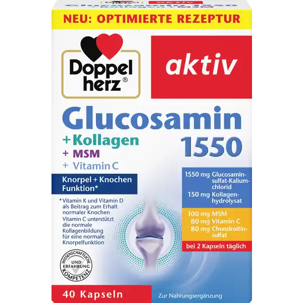 Doppelherz Glucosamin 1550 + Kollagen + MSM + Vitamin C: Цвет: https://www.rossmann.de/de/gesundheit-doppelherz-glucosamin-1550--kollagen--msm--vitamin-c/p/4009932133462
Produktbeschreibung und details Unser Bewegungsapparat mit seinen Gelenken Knorpeln Sehnen und Bndern wird jeden Tag gefordert Ein gesunder Bewegungsapparat ist eine Voraussetzung fr Lebensqualitt in jedem Alter Ausreichende schonende Bewegung sowie gesunde Ernhrung knnen hierzu einen Betrag leisten mit den essentiellen Nhrstoffen Vitamin C Vitamin D und K Vitamin C trgt zu einer normalen Kollagenbildung fr eine normale Knorpel und Knochenfunktion bei Darber hinaus leistet es einen Beitrag zum Schutz der Zellen vor oxidativem Stress Vitamin K und Vitamin D tragen zum erhalt normaler Knochen bei darber hinaus leistet Vitamin D einen Beitrag zu einer normalen Muskelfunktion Kapseln enthalten GlucosaminsulfatKaliumchlorid  Kollagenhydrolysat und Chondroitinsulfat MSM Methylsulfonylmethan enthlt organischen Schwefel  Schwefel ist ein Bestandteil vieler krpereigener Stoffe wie beispielsweise von Enzymen und schwefelhaltigen Aminosuren laktose und glutenfrei Lebensmittelunternehmer Name Queisser Pharma GmbH ampamp Co KG Adresse Schleswiger Str  D Flensburg wwwdoppelherzde Rechtlich vorgeschriebene Produktbezeichnung Kapseln mit GlucosaminsulfatKaliumchlorid Kollagenhydrolysat Chondroitinsulfat Methylsulfonylmethan MSM Vitamin C D und K Nahrungsergnzungsmittel Zutaten GlucosaminsulfatKaliumchlorid aus Bestandteilen von GARNELEN  Galatine Rind Kollagenhydrolysat Methylsulfonylmethan Vitamin C Chrondroitinsulfat Rind Trennmittel Magnesiumsalze der Speisefettsuren Farbstoff Eisenoxide und Eisenhydroxide Vitamin D Vitamin K Nhrwerte Durchschnittliche Nhrwertangaben pro  Portion pro  Portion  Kapsel pro Tagesportion  Kapseln NRV Vitamin D  g  g   Vitamin K  g  g   Vitamin C  mg  mg   Anwendung und Gebrauch Tglich  Kapseln zu einer Mahlzeit mit ausreichend Flssigkeit einnehmen Gebrauch Aufbewahrung und Verwendung Aufbewahrungs und Verwendungsbedingungen Trocken und nicht ber  C lagern Warnhinweise und wichtige Hinweise Warnhinweise Die angegebene empfohlene tgliche Verzehrsmenge darf nicht berschritten werden Nahrungsergnzungsmittel sind kein Ersatz fr eine ausgewogene und abwechslungsreiche Ernhrung und eine gesunde Lebensweise Fr kleine Kinder unzugnglich aufbewahren Bei Verbrauchern mit eingeschrnkter Glucosetolranz wird eine berwachung des Blutzuckerspiegels und des Insulinbedarfs empfohlen Verbraucher die mit CumarinAntikoagrulantien behandelt werden sollten das Produkt nur nach Rcksprache mit dem Arzt anwenden Die Blutgerinnung sollte sorgfltig berwacht werden Mangels Datenlage sollten Schwangere Stillende Kinder und Jugendliche auf eine Anwendung verzichten