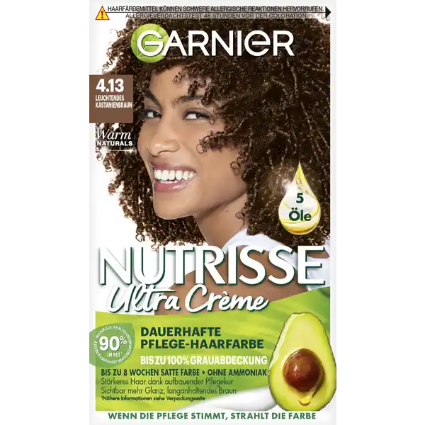 Garnier Nutrisse Ultra Creme Dauerhafte Pflege-Haarfarbe 4.13 Leuchtendes Kastanienbraun: Цвет: Produktbeschreibung und details Die Garnier Nutrisse Ultra Creme Dauerhafte PflegeHaarfarbe  Leuchtendes Kastanienbraun frbt das Haar in einem satten Braun Die Haarfarbe sorgt fr langanhaltende Farbintensitt bis zu acht Wochen und deckt graues Haar bis zu   ab In dem HaarfarbeSet sind   Inhaltsstoffe natrlichen Ursprungs enthalten Die intensive Pflegekur strkt das Haar nach der Coloration und beugt gleichzeitig einem durch Kmmen bedingten Haarbruch vor Die mit fnf len natrlichen Ursprungs angereicherte Pflegekur mit Avocadol Olivenl Kokosnussl Arganl sowie Sheanussl pflegt das Haar geschmeidig und verleiht sichtbar mehr Glanz enthlt  Auftrageflasche mit Entwicklermilch  ml  Tube Colorationscreme  ml  Flasche aufbauende Pflegekur  ml  Paar Handschuhe Kontaktdaten LORAL Deutschland GmbH  Geschftsbereich LOral Paris Johannstrae   Dsseldorf Anwendung und Gebrauch Vor der Verwendung der Garnier Nutrisse Ultra Creme Dauerhafte PflegeHaarfarbe  Leuchtendes Kastanienbraun vorab einen Test auf Vertrglichkeit durchfhren Vor der Anwendung die ColorationsCreme ohne Ammoniak und die Entwicklermilch mischen und mehrere Minuten gut schtteln Nun die Haarfarbe gleichmig auf den Ansatz sowie die Lngen auftragen Nach dem Auftragen die Garnier Nutrisse Ultra Crme fr  Minuten im Haar einwirken lassen Danach die Haarfarbe unter klarem Wasser grndlich aussplen bis keine Rckstnde mehr im Haar zurckgeblieben sind Fr eine reichhaltige Pflege anschlieend die Pflegekur ohne Silikone verwenden Gebrauch Aufbewahrung und Verwendung Aufbewahrungs und Verwendungsbedingungen Trocken lagern und Augenkontakt vermeiden Inhaltsstoffe Colorationscreme quotAQUA WATER  CETEARYL ALCOHOL  ETHANOLAMINE  GLYCERIN  PROPANEDIOL  OLEICACID  OLEYL ALCOHOL  COCOGLUCOSIDE  mAMINOPHENOL AMINOHYDROXYPYRIDINE  ASCORBIC ACID  SODIUM METABISULFITE HYDROXYBENZOMORPHOLINE  HYDROXYETHYLMETHYLENEDIOXYANILINE HCL HYDROXYINDOLE  THIOGLYCERIN  TOLUENEDIAMINE  XANTHAN GUM NNBISHYDROXYETHYLpPHENYLENEDIAMINE SULFATE  TETRASODIUM GLUTAMATEDIACETATE  DIAMINOPHENOXYETHANOL HCL  PARFUM  FRAGRANCE quotEntwicklermilch oder creme quotAQUA  WATER  HYDROGEN PEROXIDE  CETEARYL ALCOHOL  SODIUM SALICYLATE TRIDECETH CARBOXAMIDE MEA  PHOSPHORIC ACID  CETEARETH  TETRASODIUMETIDRONATE  TETRASODIUM PYROPHOSPHATE  GLYCERINquotPflegekur quotAQUA  WATER  CETEARYL ALCOHOL  STEARAMIDOPROPYL DIMETHYLAMINE  ISOPROPYLMYRISTATE  CETYL ESTERS  HELIANTHUS ANNUUS SEED OIL  SUNFLOWER SEED OIL PARFUM  FRAGRANCE  OLEA EUROPAEA FRUIT OIL  OLIVE FRUIT OIL  ARGANIA SPINOSAKERNEL OIL  ROSMARINUS OFFICINALIS LEAF EXTRACT  ROSEMARY LEAF EXTRACT  COCOSNUCIFERA OIL  COCONUT OIL  PERSEA GRATISSIMA OIL  AVOCADO OIL  BUTYROSPERMUMPARKII BUTTER  SHEA BUTTER  CAPRYLYL GLYCOL  CITRIC ACID  TARTARIC ACID TOCOPHEROL  SALICYLIC ACID  LINALOOL  BENZYL ALCOHOL quot Warnhinweise und wichtige Hinweise Warnhinweise HAARFRBEMITTEL KNNEN SCHWERE ALLERGISCHE REAKTION HERVORRUFEN Bitte folgende Hinweise lesen und beachten Dieses Produkt ist nicht fr Personen unter  Jahren bestimmt TEMPORRE TTOWIERUNGEN MIT quotSCHWARZEM HENNAquot KNNEN DAS ALLERGIERISIKO ERHHEN Frben Sie Ihre Haare nicht wenn Sie einen Ausschlag im Gesicht haben oder wenn Ihre Kopfhaut empfindlich gereizt oder verletzt ist wenn Sie schon einmal nach dem Frben Ihrer Haare eine Reaktion festgestellt haben wenn eine temporre Ttowierungen mit quotschwarzem Hennaquot bei Ihnen schon einmal eine Reaktion verursacht hat DAS NICHTBEACHTEN EINER VORLIEGENDEN ALLERGIE KANN LEBENSBEDROHLICH SEIN Es ist unbedingt erforderlich einen ALLERGIEVERDACHTSTEST  STUNDEN VOR jeder Anwendung des Produktes durchzufhren auch wenn Sie Haarfarben bereits frher verwendet haben Denken Sie deshalb daran das Produkt  Stunden vorher zu kaufen Gebrauchsanweisung beachten Bei einer Reaktion oder falls Sie Fragen zur persnlichen Vertrglichkeit haben wenden Sie sich vor Anwendung einer Haarfarbe an einen Arzt EntwicklerCreme enthlt Wasserstoffperoxid Colorationsprodukt enthlt Phenylendiamin Phenylendiamine Toluylendiamine Geeignete Handschuhe tragen Diese liegen der Packung bei Kontakt mit den Augen vermeiden Nicht zur Frbung von Wimpern und Augenbrauen verwenden Sofort Augen splen falls das Erzeugnis mit den Augen in Berhrung gekommen ist Nach Anwendung die Haare gut splen Dieses Produkt frhestens  Tage nach einer Entkruselung Dauerwelle oder einer langanhaltenden Glttung anwenden Nicht anwenden wenn Ihre Haare mit Henna gefrbt oder mit einem Produkt behandelt wurden das schrittweise zur natrlichen Haarfarbe zurckfhrt Darf nicht in die Hnde von Kindern gelangen
https://www.rossmann.de/de/pflege-und-duft-garnier-nutrisse-ultra-creme-dauerhafte-pflege-haarfarbe-413-leuchtendes-kastanienbraun/p/3600542451659