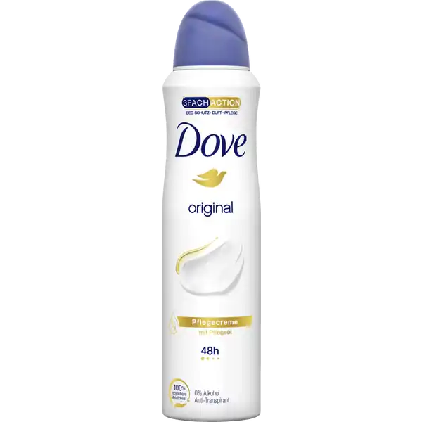 Dove Anti-Transpirant Deo Spray Original: Цвет: Produktbeschreibung und details Ein AntiTranspirant auf das Verlass ist das Dove Deospray original bietet  Stunden Schutz mit dezentem Duft der den ganzen Tag ein frisches und reines Gefhl verleiht Die Formel mit  Pflegecreme hilft der Haut sich schneller zu regenerieren und macht die zarte Achselhaut schn weich und glatt Dove AntiTranspirante keine Chance fr Schwei und Krpergeruch Das Dove original AntiTranspirantSpray bekmpft zuverlssig Krpergeruch und wirkt gegen Achselnsse Fr die optimale Wirkung muss man darauf achten dass die Haut nach dem Duschen trocken und mglichst abgekhlt ist Das Deodorant Spray gut schtteln damit die Pflegekomponenten gut vermischen im Abstand von  cm aufrecht vor die Achseln halten und ca  Sekunden sprhen Was ihnen bei Dove AntiTranspirants wichtig ist Dass diese in jeder Situation zuverlssig vor Achselnsse und Krpergeruch schtzen Dove verwendet darber hinaus fr seine Produkte auch  der einzigartigen Dove Pflegecreme fr weiche geschmeidige und zart aussehende Haut Die Pflegecreme schtzt die empfindliche Achselhaut und hilft ihr sich auch bei hufigem Rasieren schneller zu regenerieren Fr glatte und schn gepflegte Achseln Dove hilft jeder Frau das volle Potenzial ihrer individuellen Schnheit zu entfalten indem Produkte entwickelt werden die auf die persnlichen Bedrfnisse der Haare und Haut eingehen Bei Dove ist man davon berzeugt dass nur wer sich durch die richtige Pflege schn und wohl in seiner Haut fhlt dies auch ausstrahlen kann Beim Thema Deoschutz ist es wichtig Produkte zu entwickeln die nicht nur zuverlssigen Schutz vor Achselnsse und Krpergeruch bieten sondern die empfindliche Achselhaut gleichzeitig durch Zugabe der  Pflegecreme verwhnen bietet eine langanhaltende Pflege schtzt  Stunden vor Achselnsse und Krpergeruch verleiht einen dezenten Duft der ein frisches und reines Gefhl hinterlsst mit  Alkohol vermindert Hautreizungen hilft der Haut sich schneller zu regenerieren zB bei hufigem Rasieren enthlt  Pflegecreme fr schne weiche und glatt gepflegte Achseln Kontaktdaten Unilever RA   AL NL wwwdovecom   UrsprungslandHerkunftsort Made in UK Anwendung und Gebrauch Fr die optimale Wirkung muss man darauf achten dass die Haut nach dem Duschen trocken und mglichst abgekhlt ist Dose gut schtteln damit die Pflegekomponenten gut vermischen im Abstand von  cm aufrecht vor die Achseln halten und ca  Sekunden sprhen Inhaltsstoffe Butane Isobutane Propane Aluminum Chlorohydrate Cyclopentasiloxane PPG Butyl Ether Parfum Helianthus Annuus Seed Oil C Alkyl Benzoate Disteardimonium Hectorite Octyldodecanol BHT Propylene Carbonate Dimethiconol Tocopheryl Acetate AlphaIsomethyl Ionone Benzyl Alcohol Benzyl Benzoate Benzyl Salicylate Citronellol Coumarin Eugenol Geraniol Hexyl Cinnamal Linalool Warnhinweise und wichtige Hinweise Warnhinweise GEFAHR Extrem entzndbares Aerosol Behlter steht unter Druck Kann bei Erwrmung bersten Von Hitze heien Oberflchen Funken offenen Flammen sowie anderen Zndquellenarten fernhalten Nicht rauchen Nicht gegen offene Flamme oder andere Zndquelle sprhen Nicht durchstechen oder verbrennen auch nicht nach Gebrauch Vor Sonnenbestrahlung schtzen Nicht Temperaturen ber  C aussetzen Darf nicht in die Hnde von Kindern gelangen Direktes Einatmen vermeiden Nur kurz sprhen und in gut gelfteten Rumen verwenden lngeres Sprhen vermeiden Nicht in die Augen sprhen Benutzung ausschlielich gem Verwendungszweck Nur entleert entsorgen
https://www.rossmann.de/de/pflege-und-duft-dove-anti-transpirant-deo-spray-original/p/8712561315975